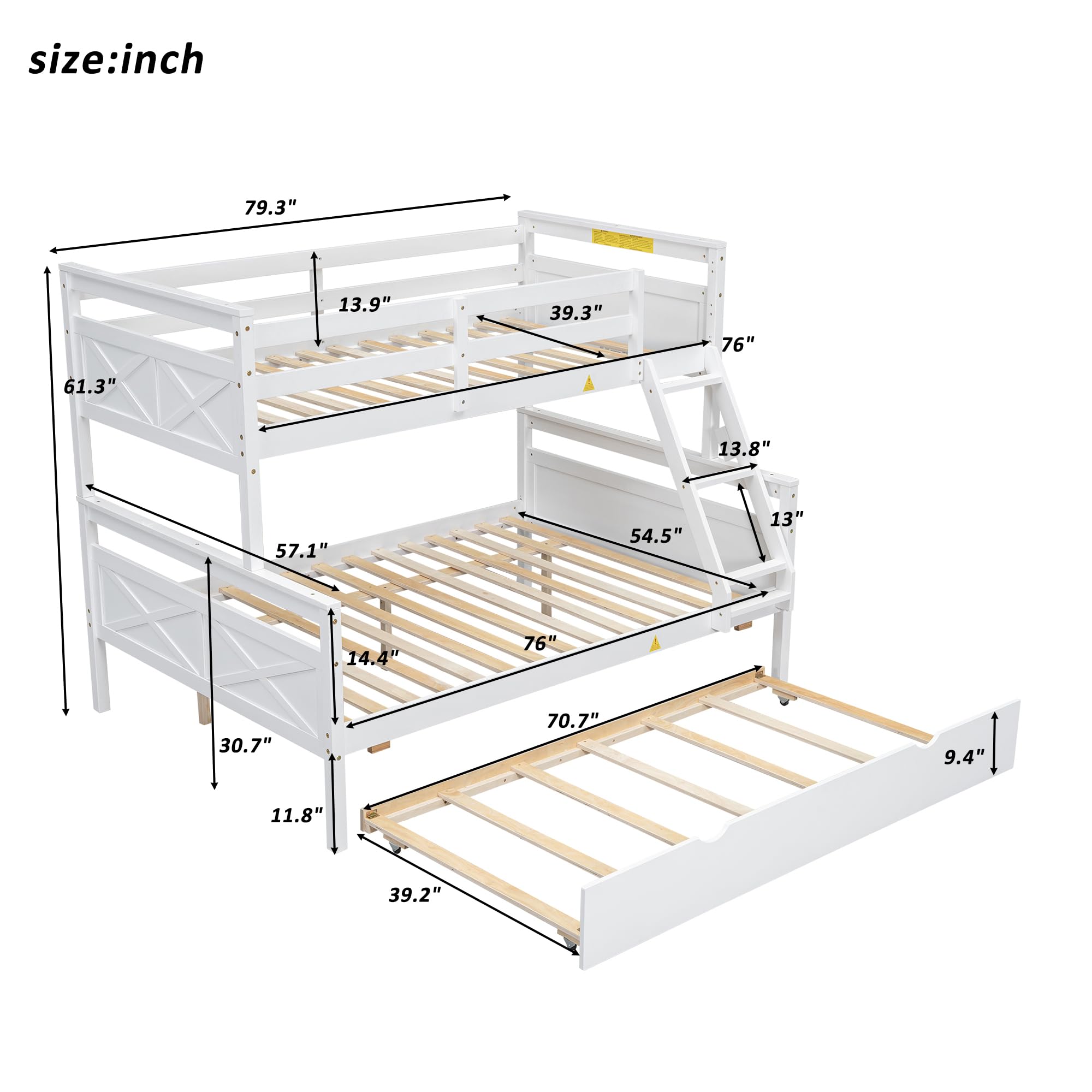 Merax Twin Over Full Wood Bunk Bed with Trundle - Solid Wood Frame, Guardrail & Ladder - White - Space-Saving Kids Bedroom Furniture for Sleepovers & Small Rooms