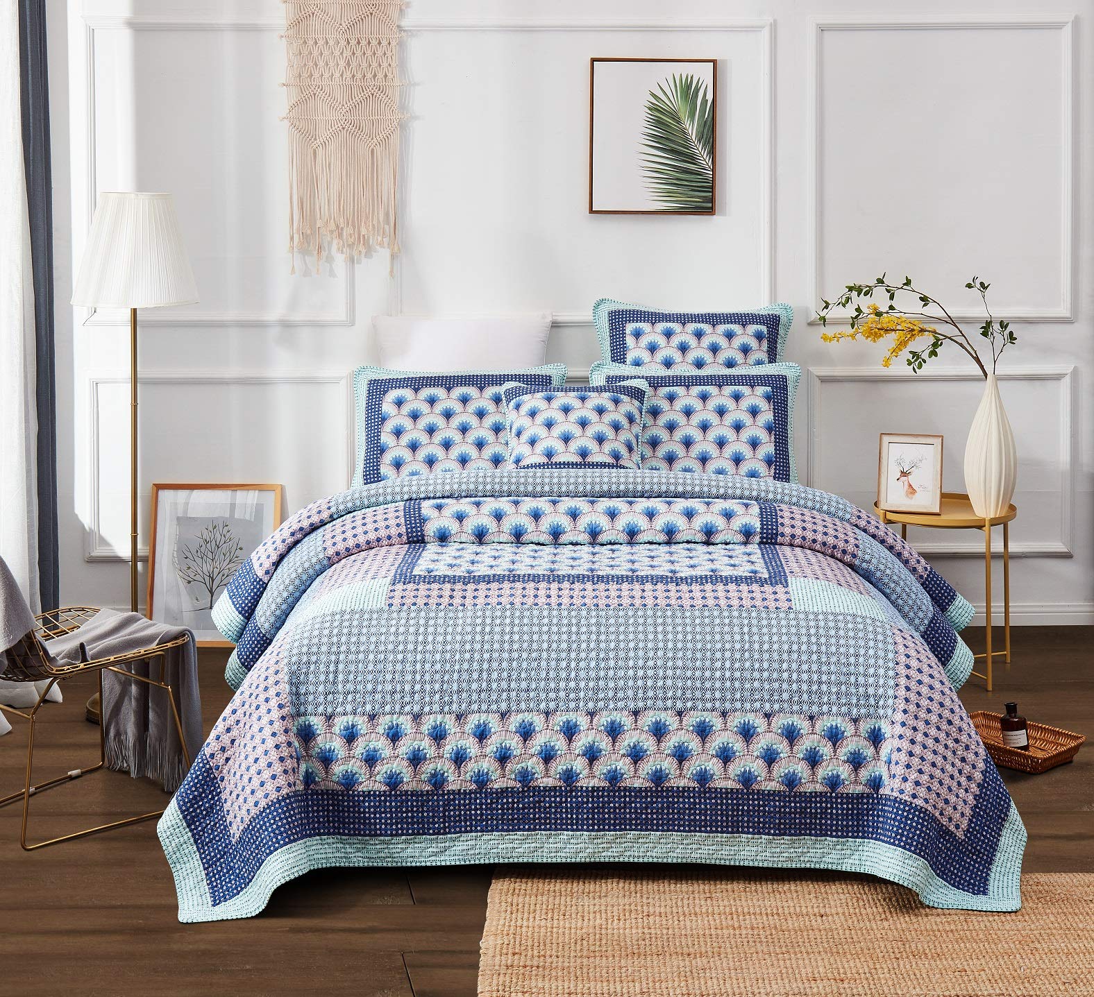 DaDa Bedding Cotton Patchwork Quilt Set - Fairy Forest Glade Floral Print Bedspread, Turquoise Patchwork Design, Twin Size 2-Piece Set | Perfect for Kids' Rooms, Guest Bedrooms & Cozy Cottage Decor