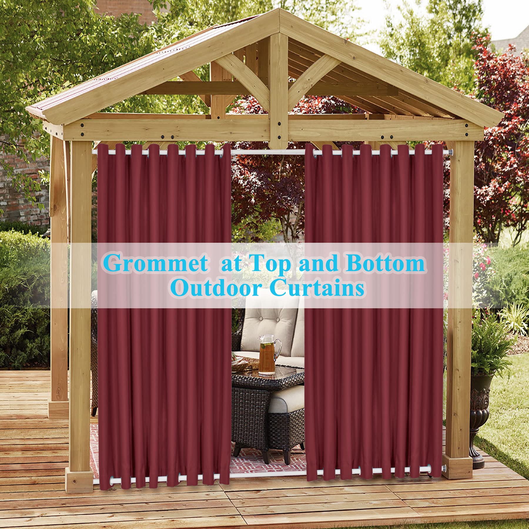 Frelement Extra Wide Windproof Outdoor Curtains for Privacy Protection - Rustproof Grommet Indoor/Outdoor Drapes for Gazebo, Pergola, Patio (Red, 120W x 96L, 1 Panel) - Perfect for Backyard, Deck & Sunroom