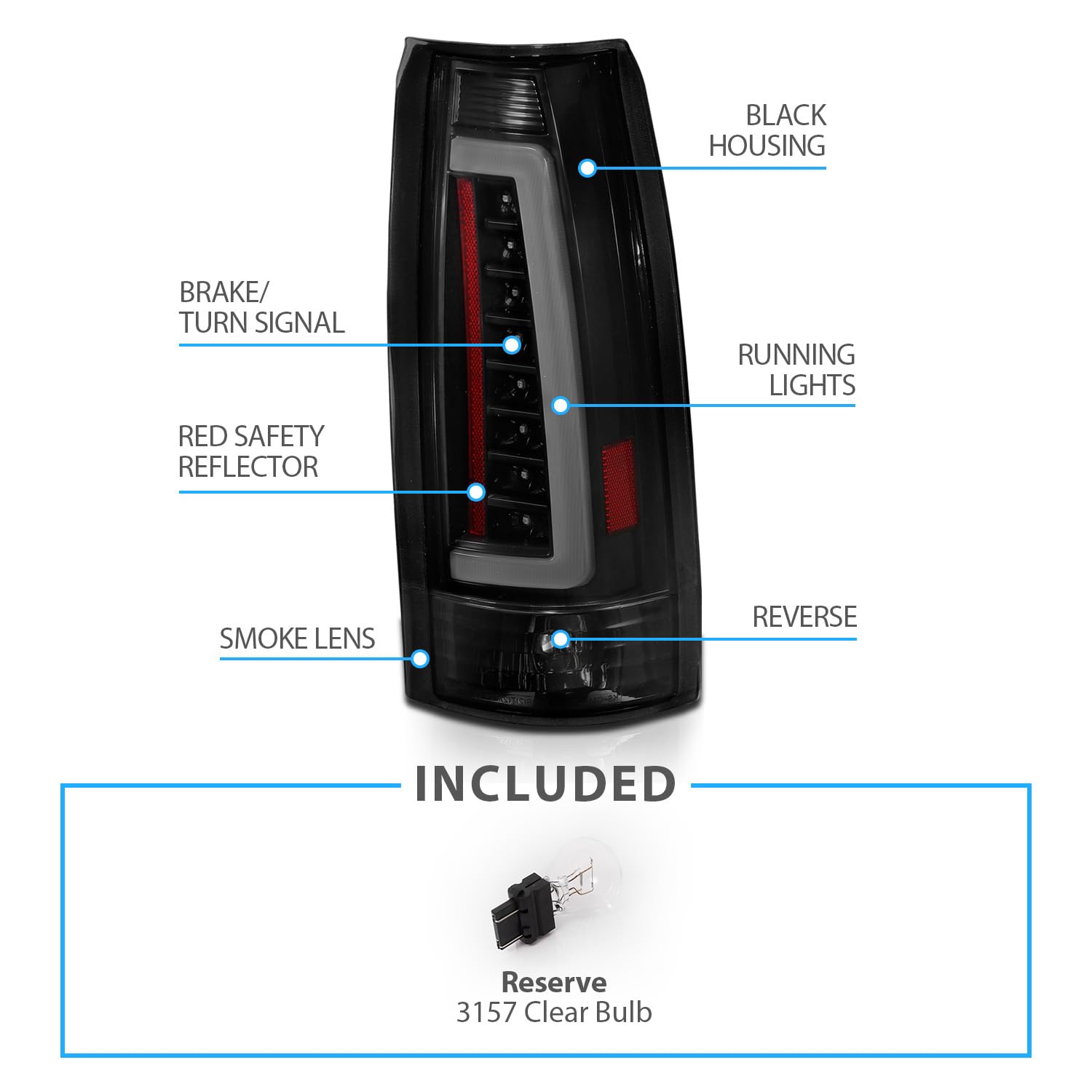 AmeriLite LED Tail Lights for 1988-1999 Chevy GMC C/K Truck, Blazer, Tahoe, Suburban, Yukon, Escalade - Dark Black C-Type Tube Design (Pair) - Perfect for Night Driving and Custom Truck Upgrades