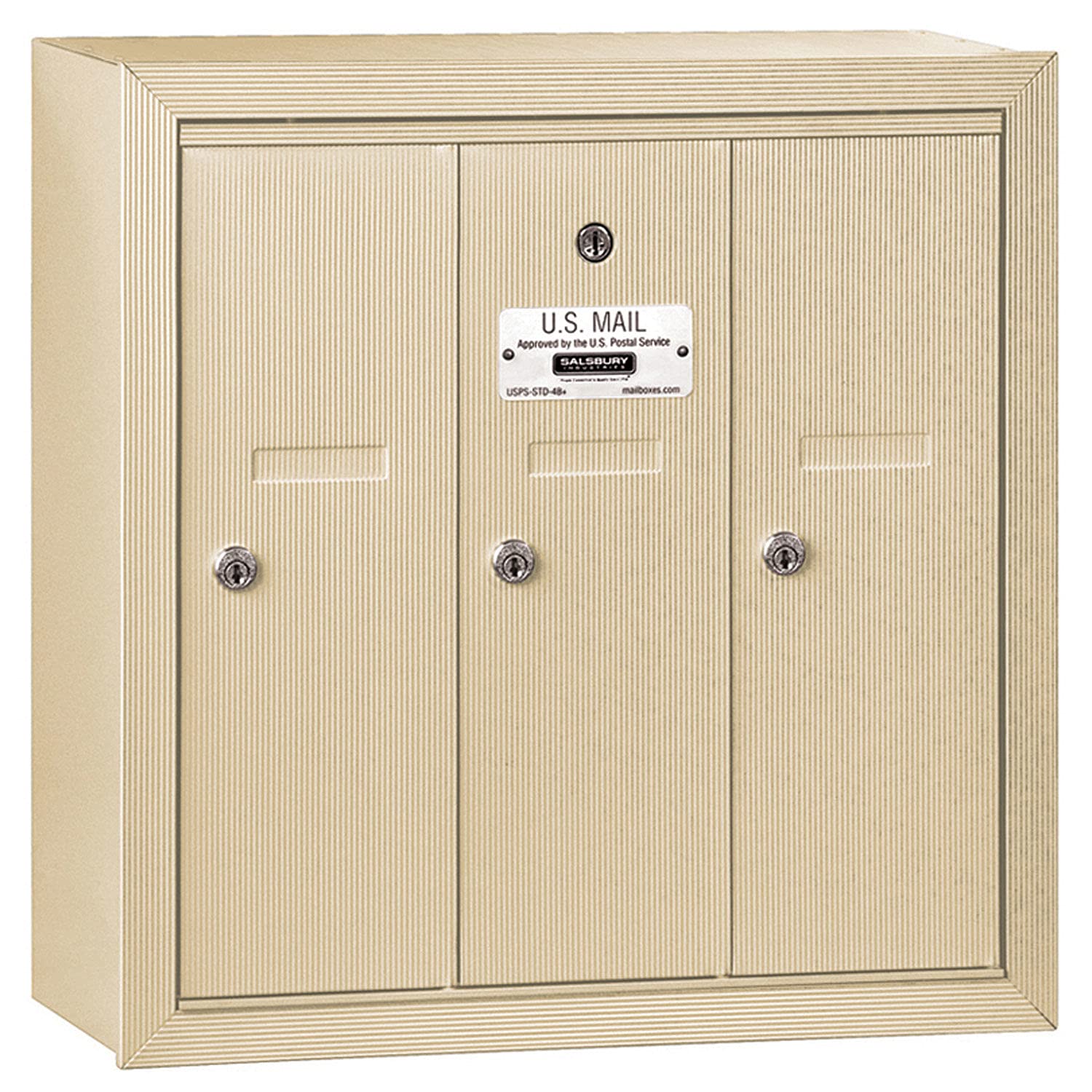 Salsbury Industries 3503SSP Commercial Vertical Mailbox - 3 Doors with Master Lock, Private Access & Sandstone Finish | Secure Mail Solution for Offices, Apartment Buildings & Business Centers