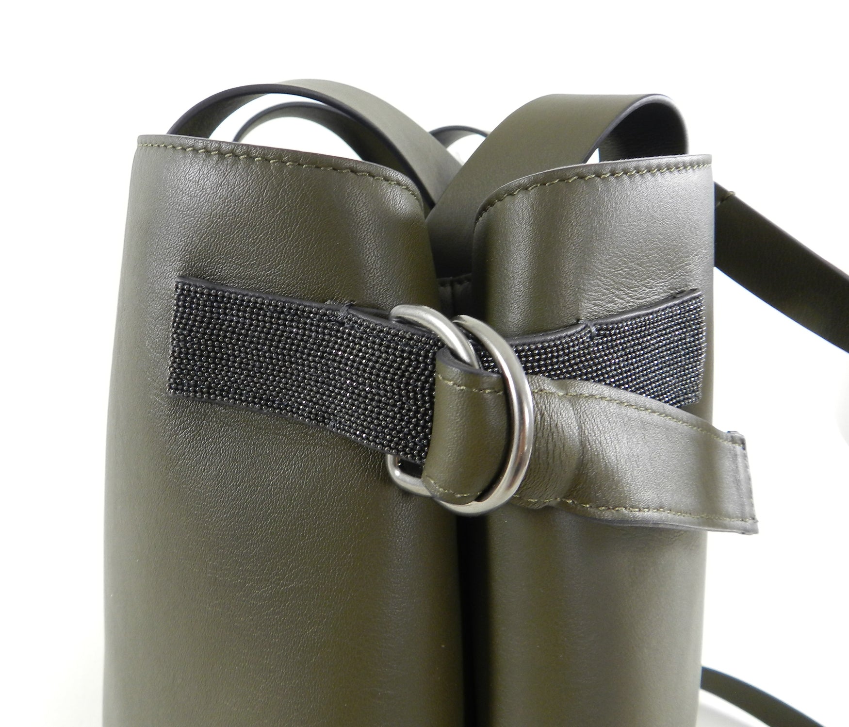 Brunello Cucinelli Olive Green Large Tote Bag with Beaded Detail - Stylish & Spacious Women's Leather Handbag for Work, Travel & Everyday Use