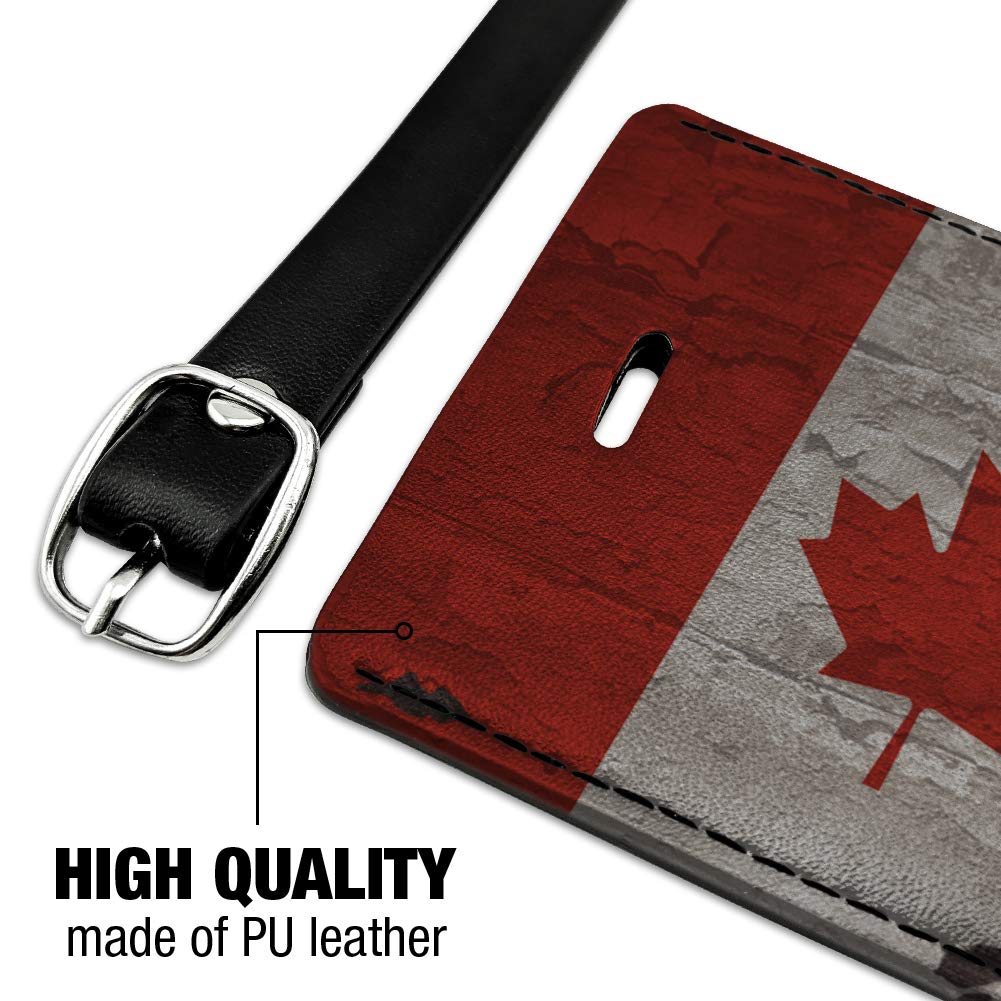 Vintage Distressed Canada Flag Wooden Rectangle Leather Luggage Tag - Personalized ID Card Holder for Travel Bags, Suitcases & Backpacks | Perfect for Travelers, Tourists & Gift Giving