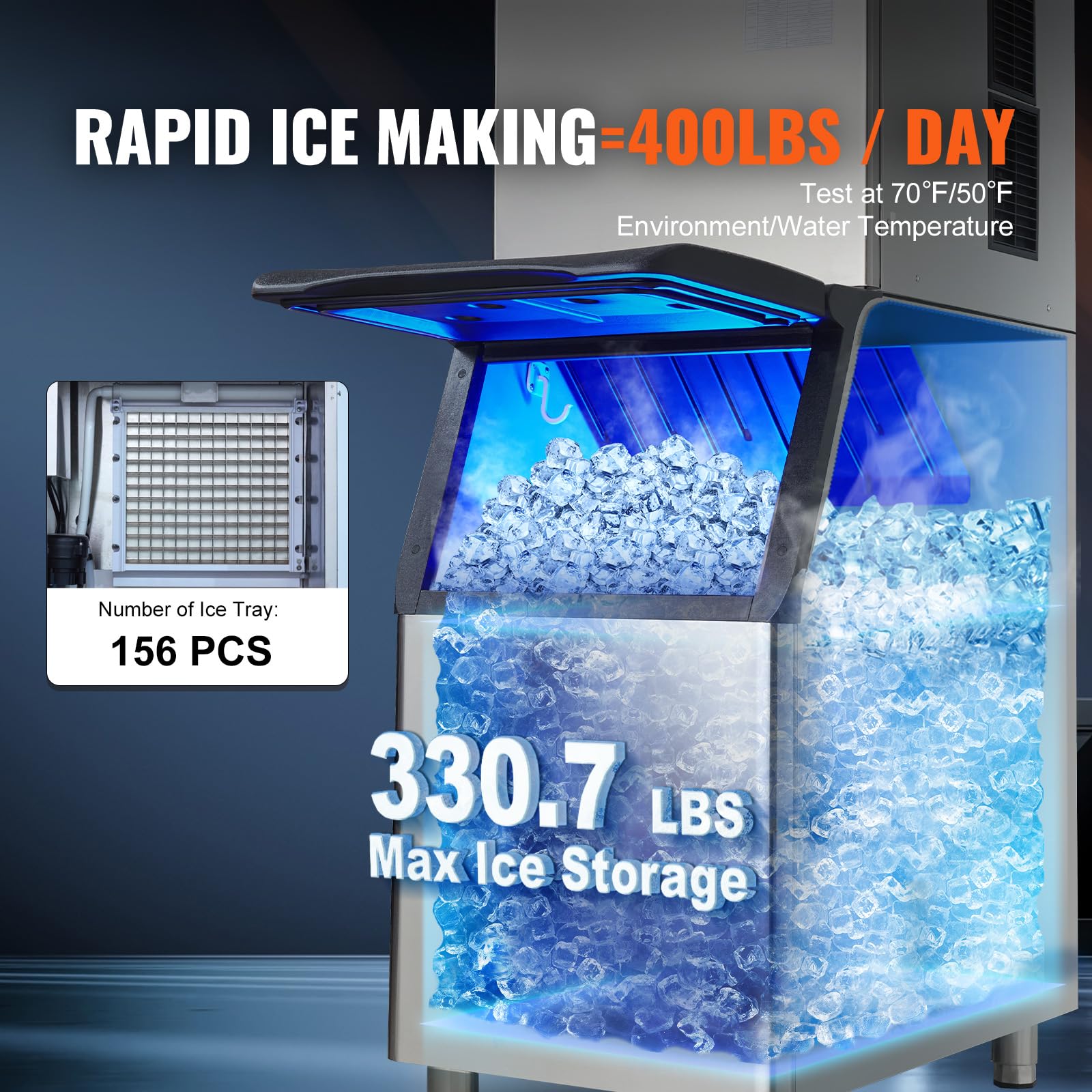 VEVOR Commercial Ice Maker Machine 400LBS/24H with 330.7LBS Storage Bin, 800W Self-Cleaning, 3.5