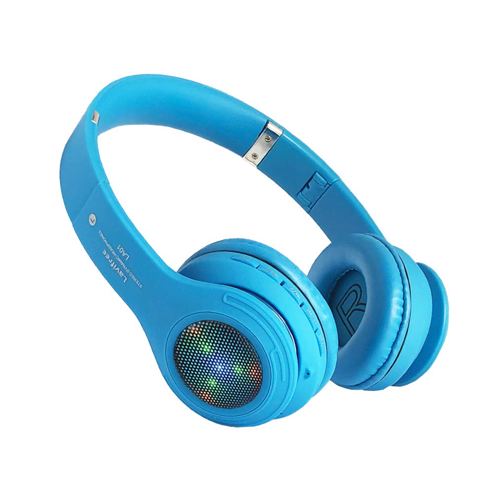 Wireless Bluetooth Kids Headphones with LED Lights, 85dB Volume Limiting, Foldable Design, Built-in Mic, FM Radio & Micro SD Support - Compatible with Phone, Tablet, PC, Laptop, TV (Blue) - Perfect for Online Learning, Gaming, and Travel Entertainment