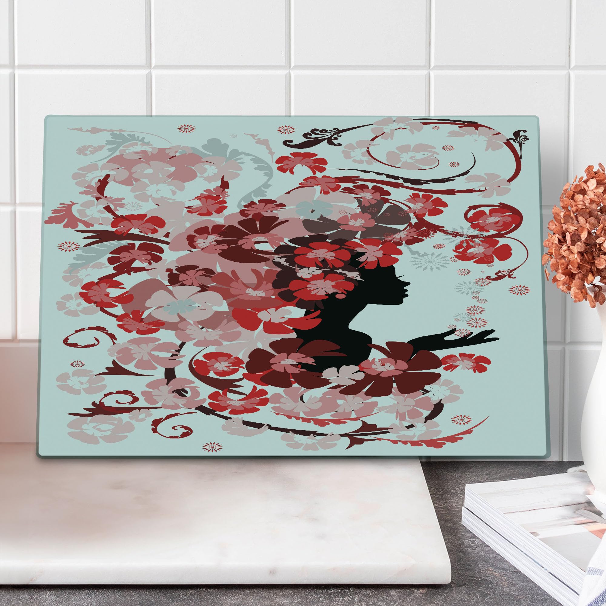 Ambesonne Feminine Cutting Board - Floral Pink Blossoms Design, Tempered Glass Serving Board for Kitchen, Large Size (Black, Pink, Red) - Perfect for Food Prep, Charcuterie Display & Home Decor