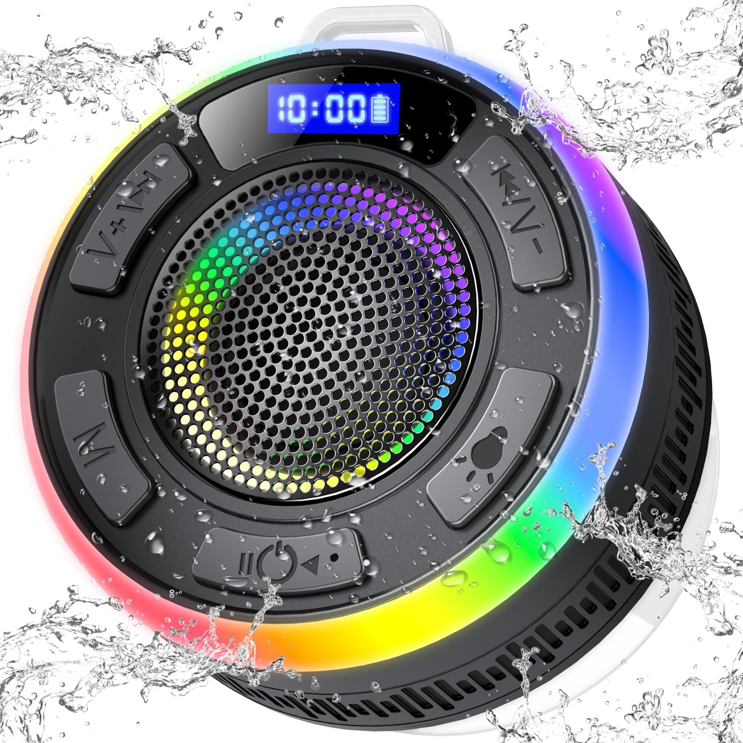 Bluetooth Shower Speaker - IPX7 Waterproof Wireless Speaker with Suction Cup, Time Display & LED Lights | Dual Stereo Pairing, Built-in Mic for Hands-Free Calls | Perfect for Bathroom, Beach, Pool & Outdoor Activities