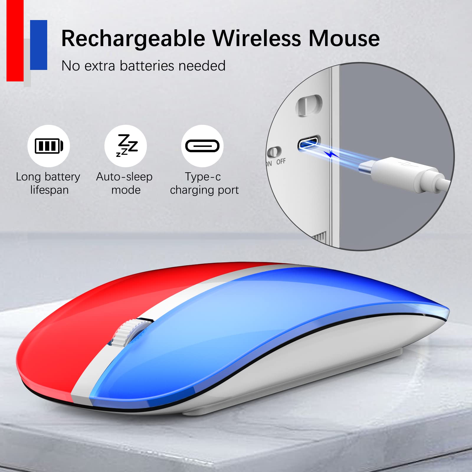 Rechargeable Wireless Mouse 2.4G Silent Slim Computer Mouse with 5 Adjustable DPI (Up to 3000 DPI) - USB Wireless Mouse for Laptop, PC, Desktop - Blue & Red - Perfect for Office, Gaming & Travel Use