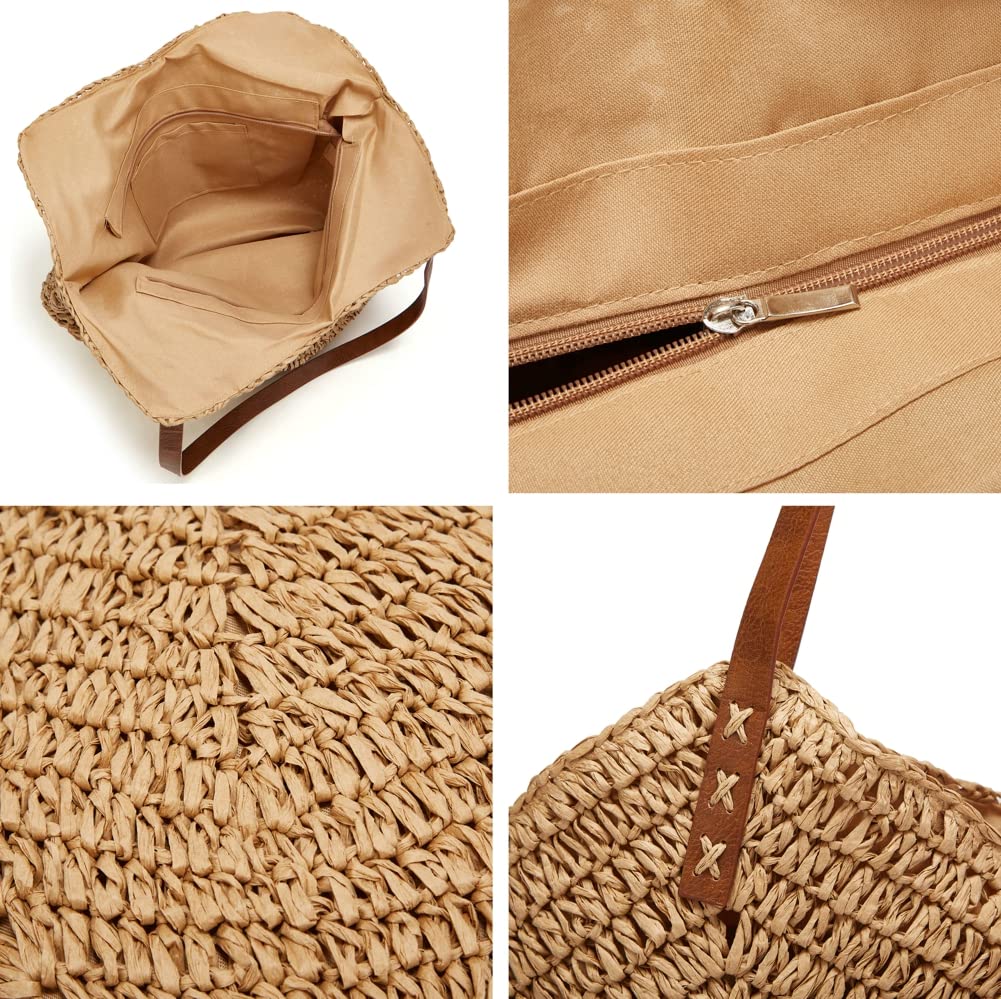Women's Woven Straw Tote Bag - Summer Beach Hobo Handbag for Travel & Vacation - Lightweight Casual Shoulder Bag for Outdoors, Picnics & Shopping