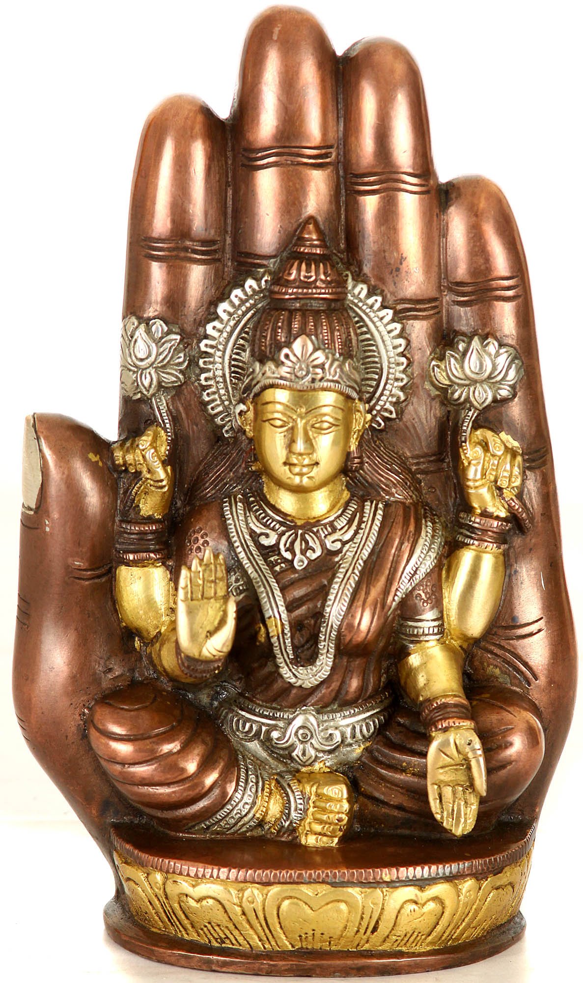 Handcrafted Goddess Lakshmi Statue Seated on Lotus with Aureole - Multicolor Hindu Deity Figurine for Home Altar, Meditation Space & Indian Cultural Decor