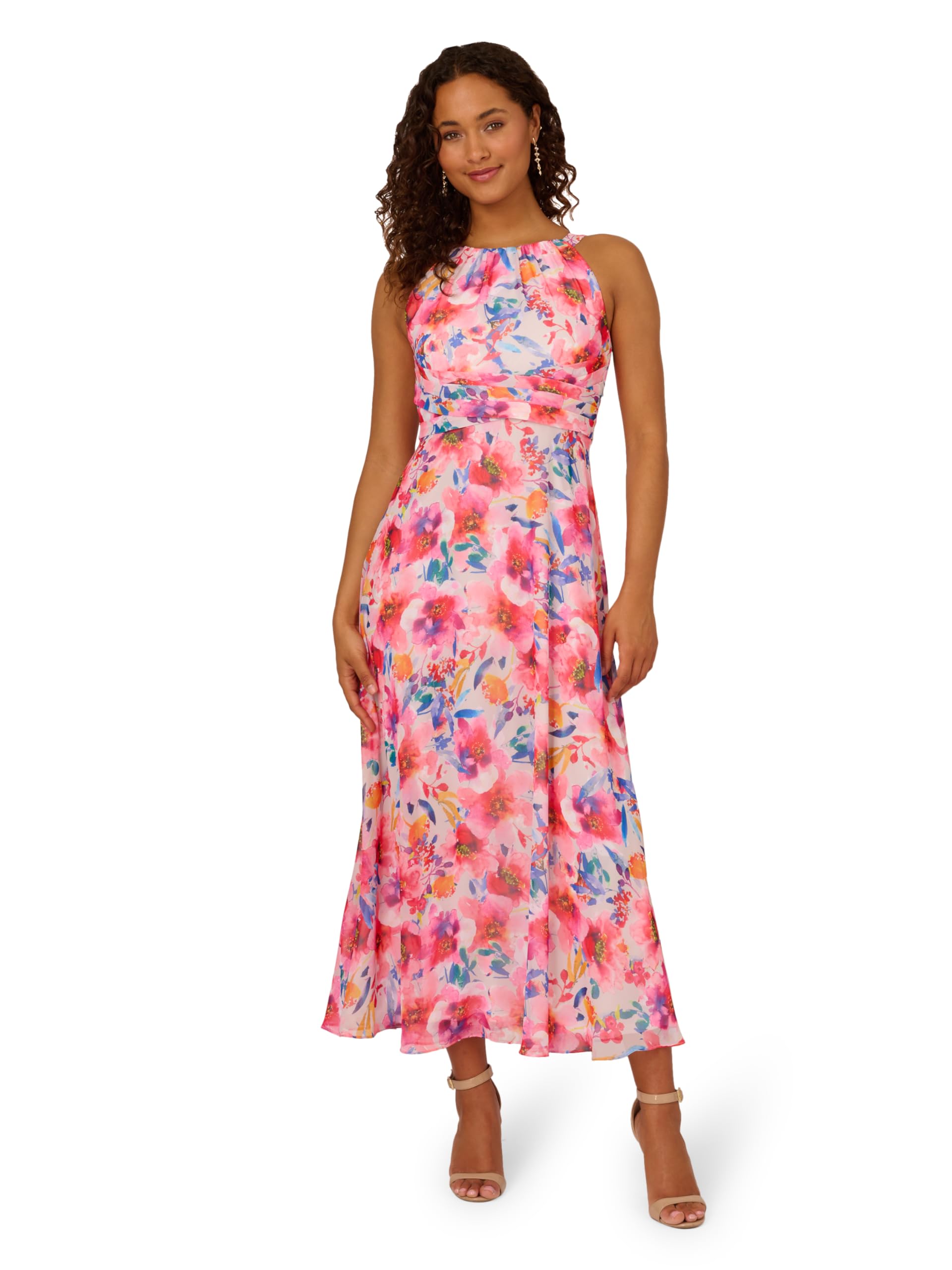 Adrianna Papell Women's Floral Chiffon Halter Dress - Elegant Summer Cocktail Party & Wedding Guest Dress for Women