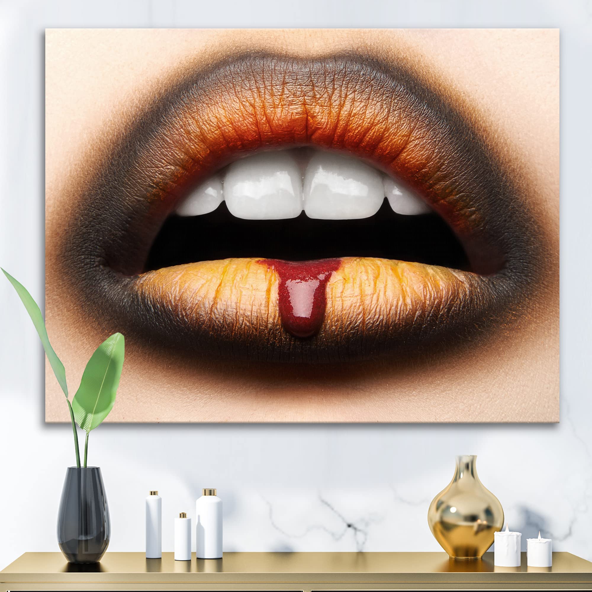 DesignQ Modern Canvas Wall Art - Black & Orange Lipstick Female Lips Painting for Living Room, Bedroom & Office Decor