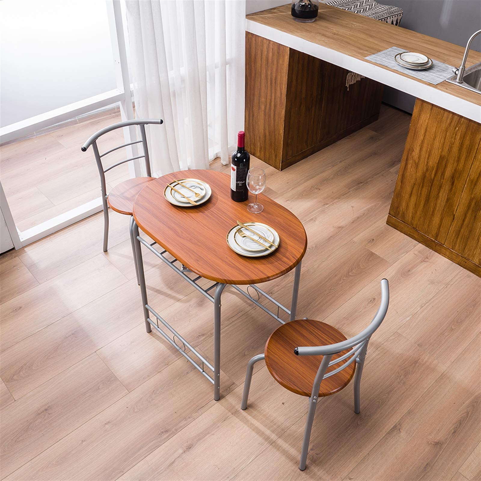 Modern 3-Piece Wood Dining Table Set with 2 Stools, Contemporary Brown Kitchen Breakfast Table for Home, Perfect for Small Spaces and Compact Living Rooms