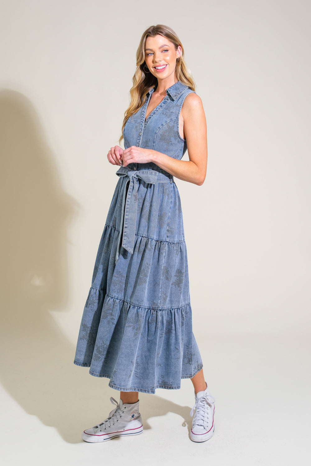 County Fair Floral Denim Dress - Women's Vintage Style Denim Dress for Casual Outings, Picnics & Summer Festivals