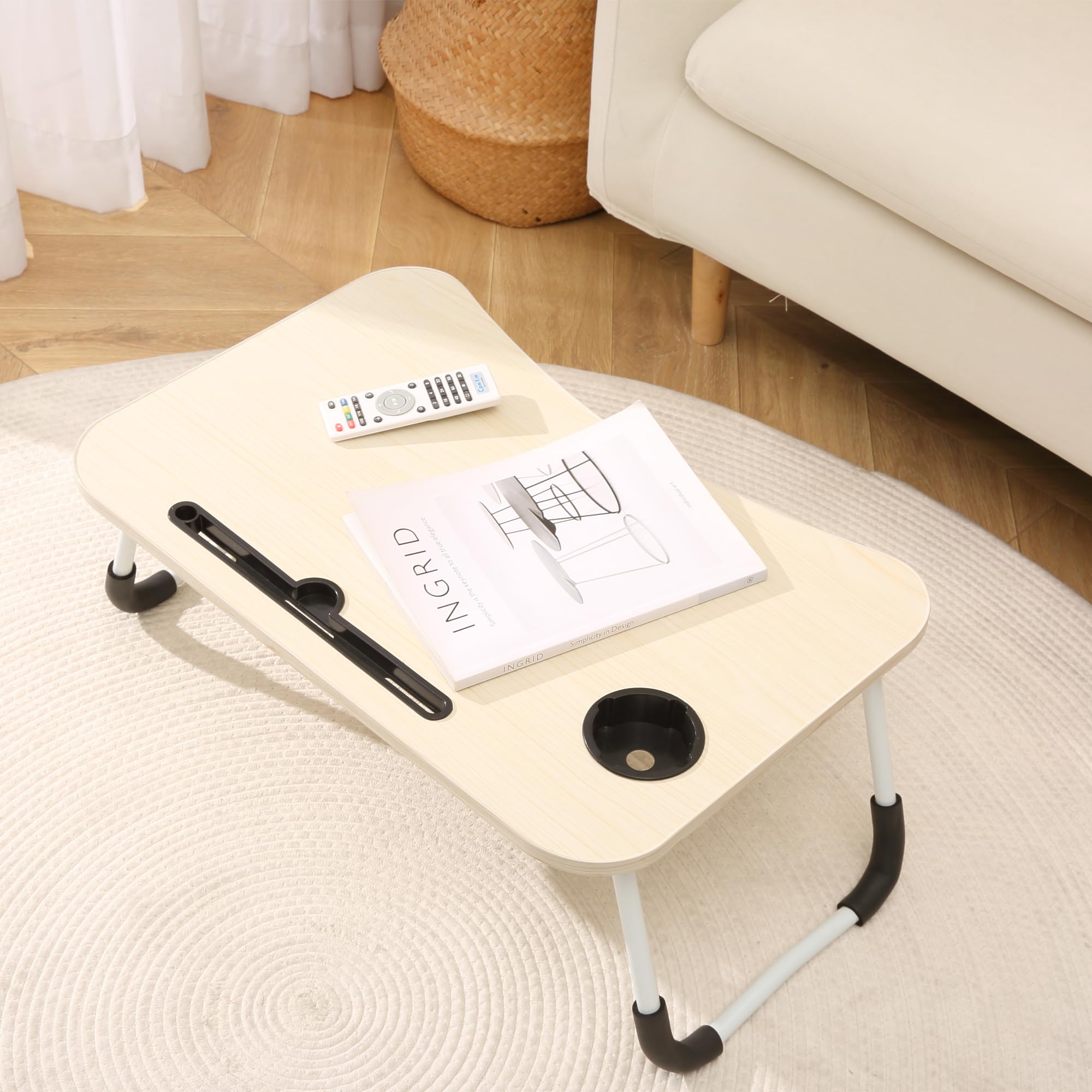 EAQ Foldable Laptop Bed Tray Table with Cup Holder & Storage Drawer - Portable Adjustable Laptop Stand for Working, Reading in Bed, Couch or Sofa - Beige Home Office & Study Essential