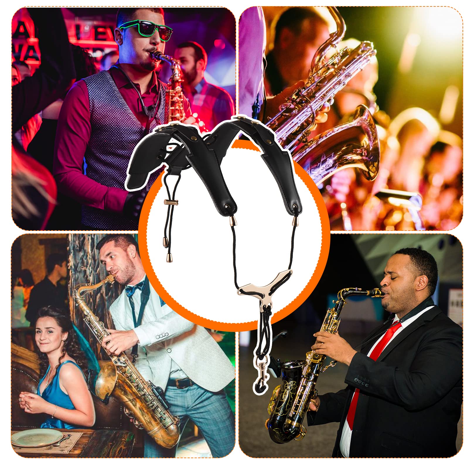 Adjustable Padded Leather Saxophone Strap with Metal Hook - Comfortable Shoulder Harness for Tenor, Soprano, Alto Saxophones & Clarinet - Perfect for Band Performances, Music Lessons & Practice Sessions