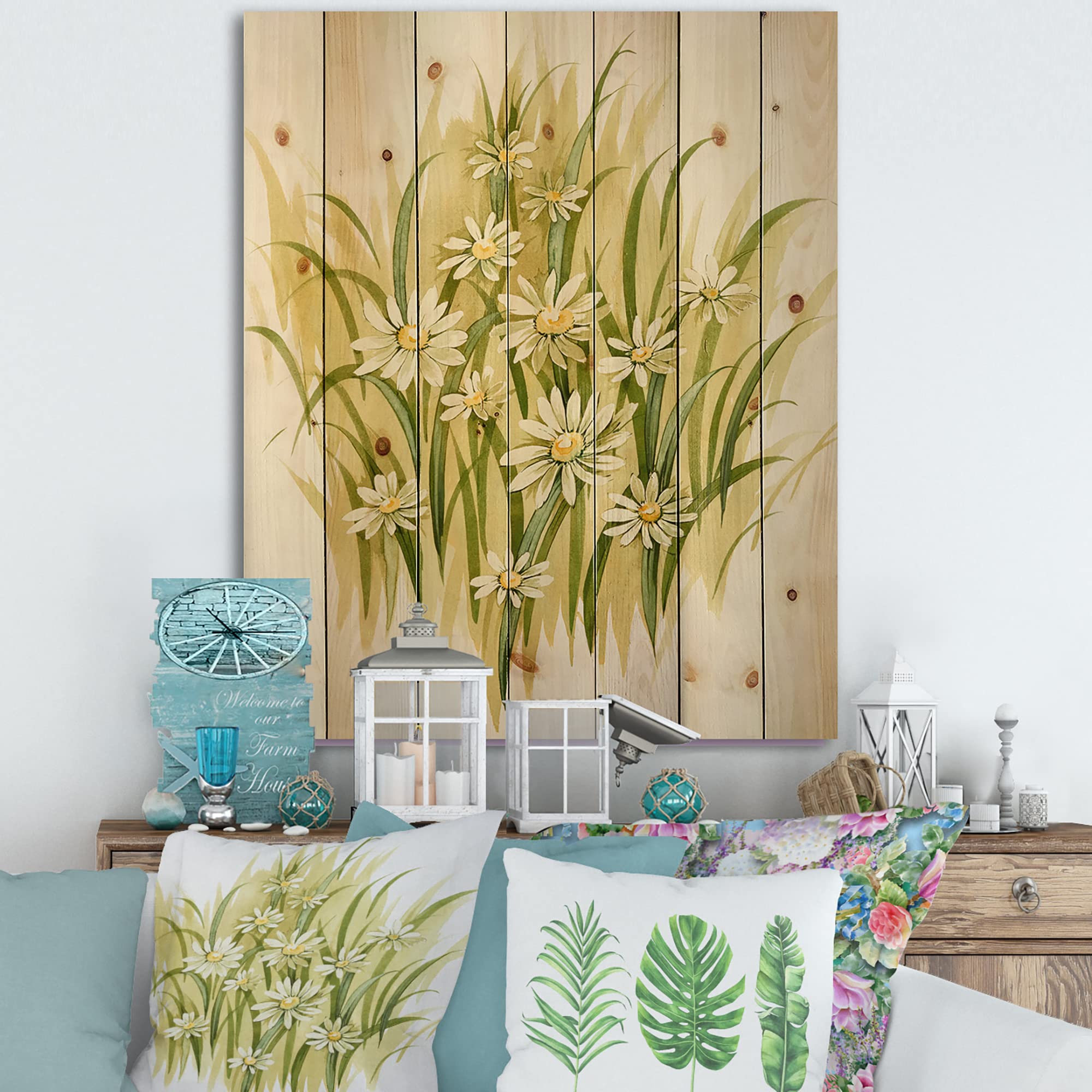 DesignQ White Meadow Flowers Traditional Wood Wall Decor - Green Floral Wood Wall Art Panels Printed on Natural Pine - Perfect for Living Room, Bedroom & Home Decor