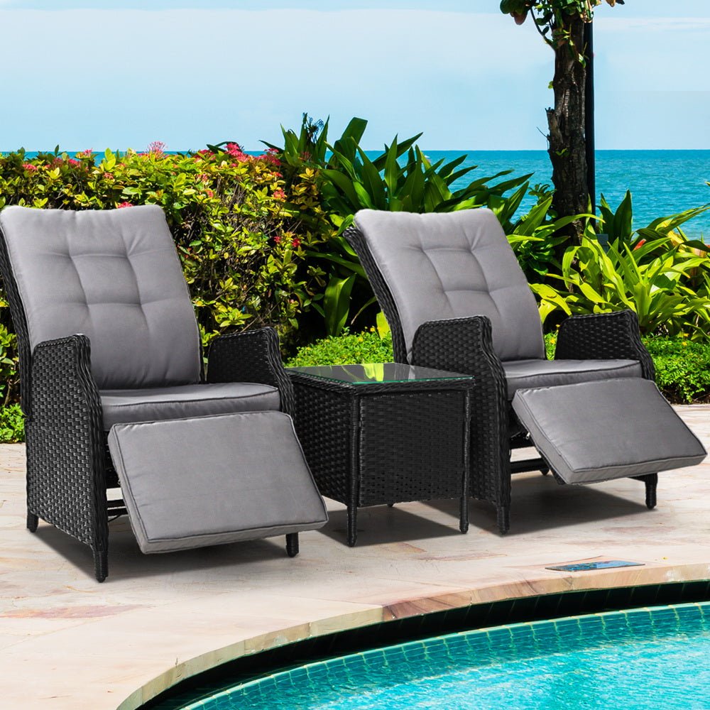 Elara Outdoor Recliner Patio Chairs with Side Table - Adjustable Lounge Chair for Backyard, Poolside & Garden Relaxation - Weather-Resistant Black Furniture Set