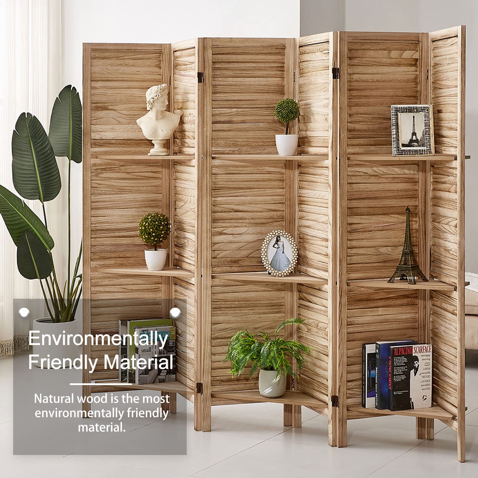 5.6 Ft Tall Wood Room Divider Panel - Folding Privacy Screen with Shelves for Home & Office - Natural Finish 6 Panel - Perfect for Living Room, Bedroom, or Workspace Partition