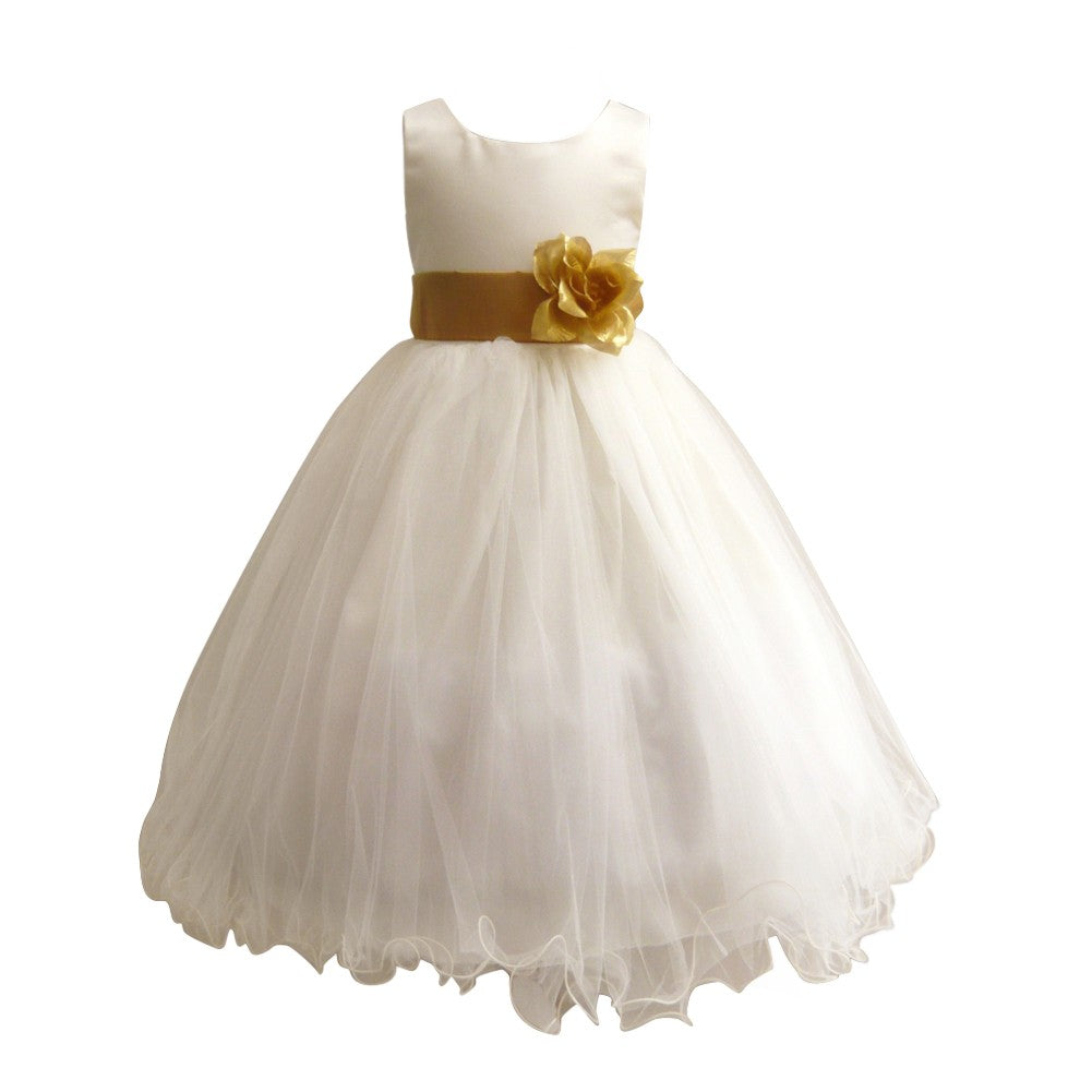 Ivory & Gold Satin Tulle Flower Girl Dress for Big Girls (Ages 8-14) - 3-Layer Princess Style for Weddings, Pageants & Special Occasions