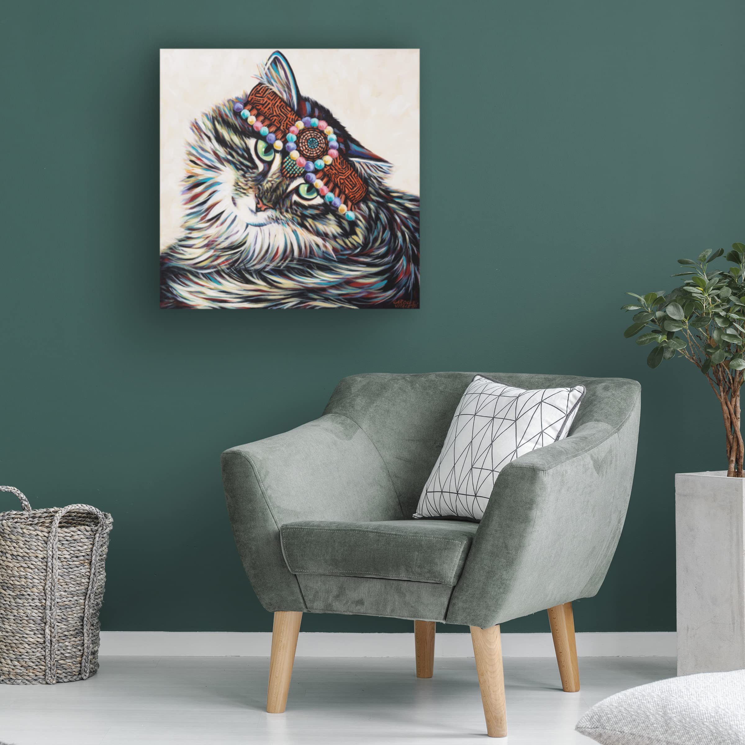 Trademark Fine Art 'Hippie Cat I' Canvas Wall Art by Carolee Vitaletti - Vibrant Bohemian Cat Painting for Living Room, Bedroom & Office Decor