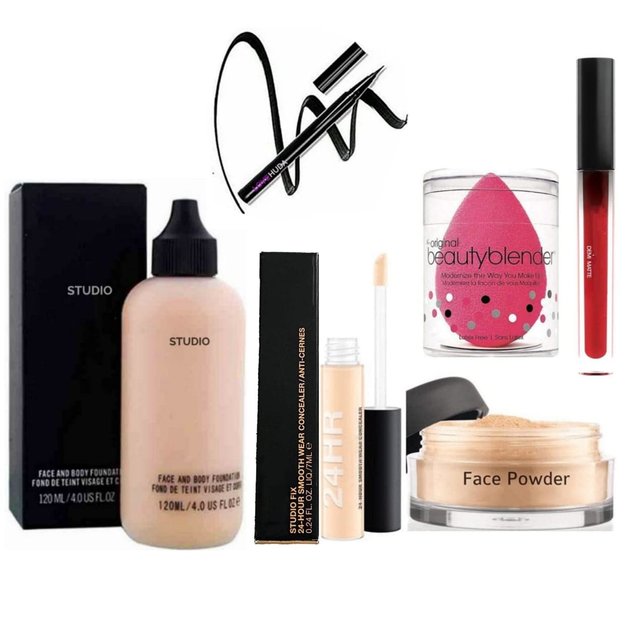 Glomic Professional 6-Piece Makeup Kit - Face & Body Foundation, Concealer, Loose Powder, Matte Liquid Lipstick, Beauty Blender & Black Eyeliner Set | Perfect for Daily Makeup, Contouring & Full Face Coverage