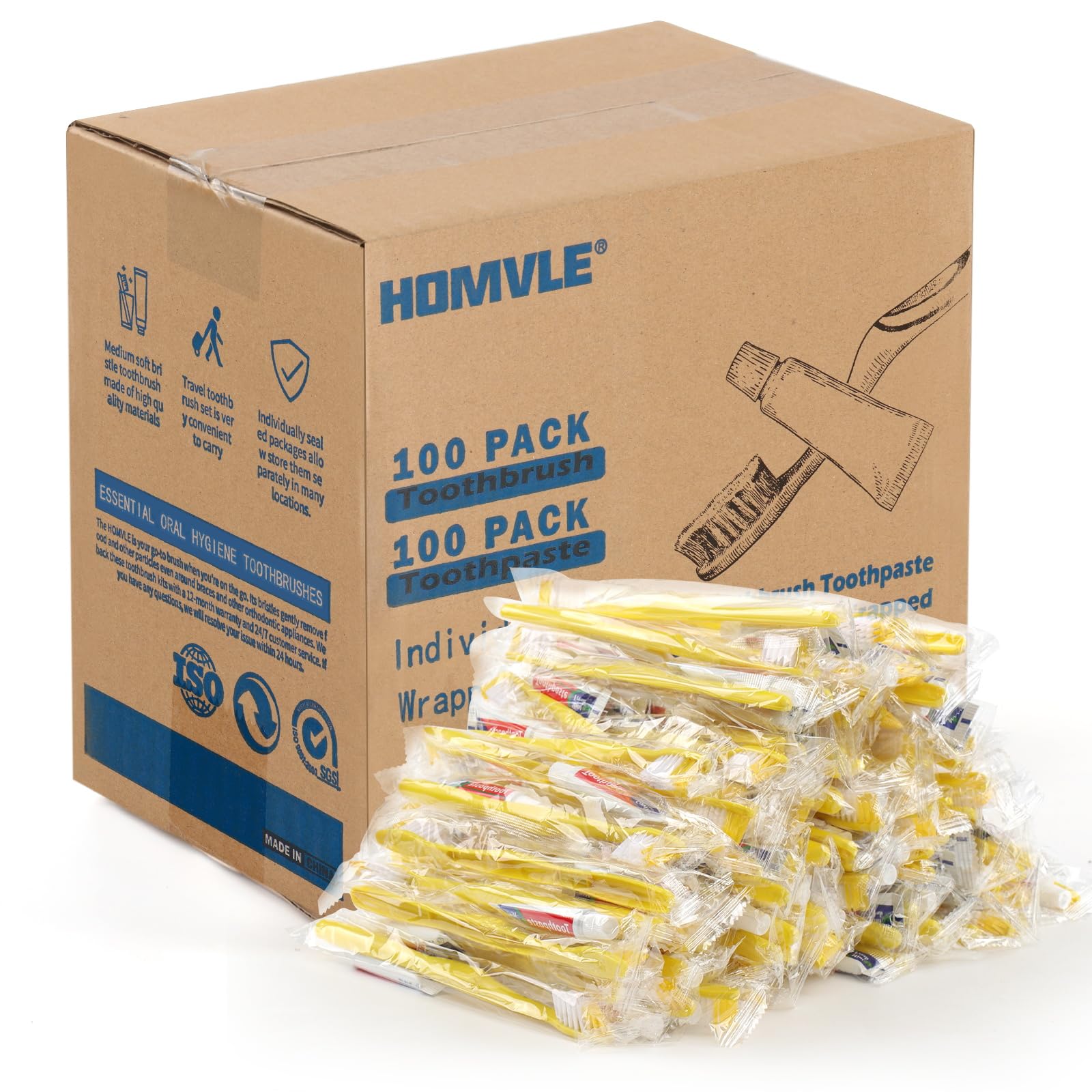 Homvle 100 Pack Disposable Toothbrushes with Toothpaste - Individually Wrapped Travel Toothbrushes Bulk, Medium Soft Bristles | Perfect for Travel, Camping, Hotels, Airbnb, Dentist Visits & Office Use | Eco-Friendly Oral Care Solution