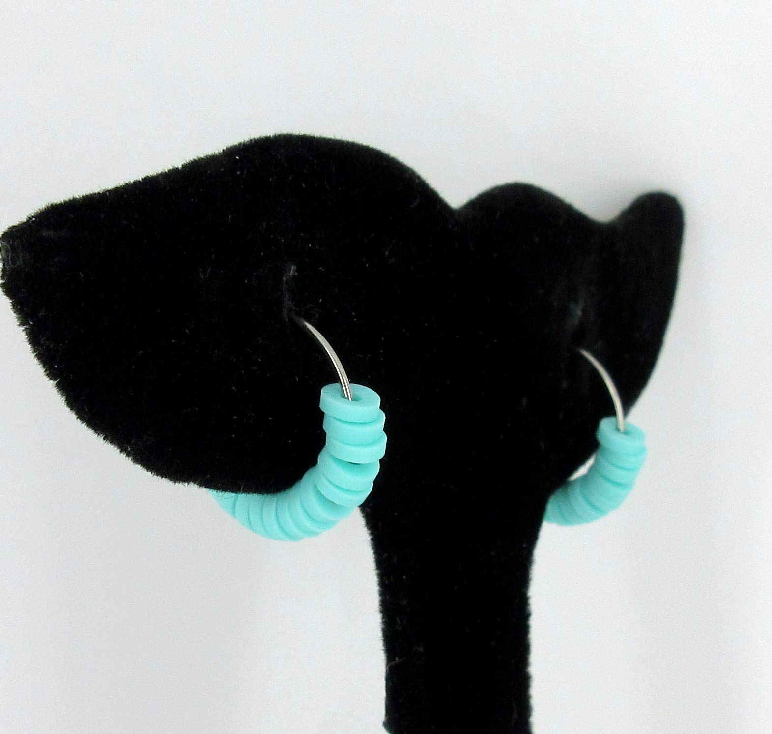 15mm Stainless Steel Polymer Clay Katsuki Bead Hoop Earrings - Aqua Blue Handmade Jewelry for Women, Girls | Perfect for Casual Wear, Parties & Gifts