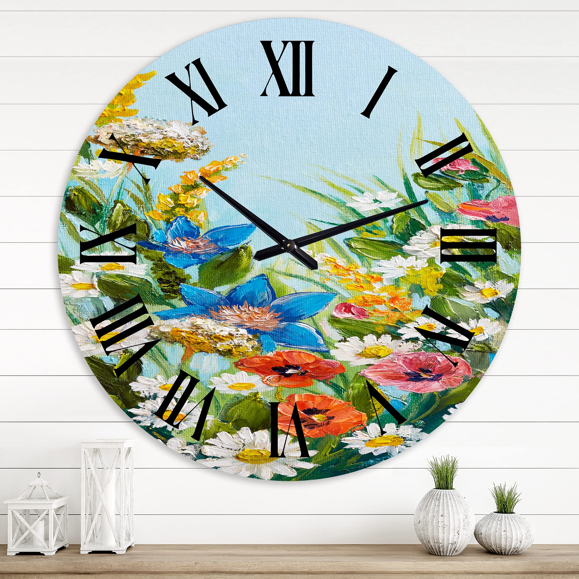 DesignQ Traditional Wall Clock - Still Life of Colorful Wildflowers I - Large Floral Botanical Wall Clock for Living Room, Bedroom & Office Decor - Perfect for Home, Farmhouse & Vintage Style Interiors