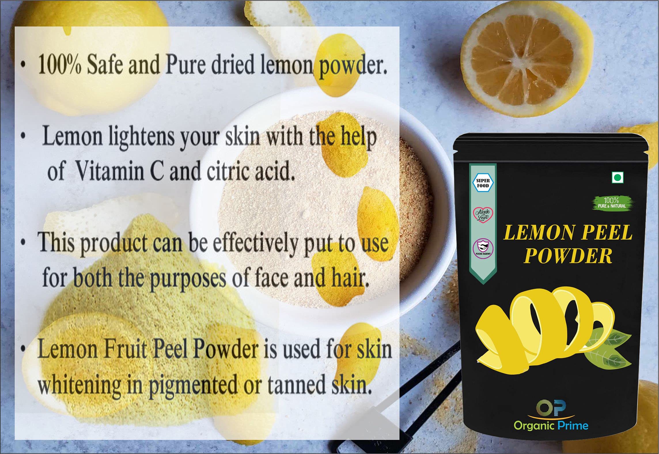 Organic Lemon Peel Powder (Citrus Limon) - 100% Pure Vitamin C Rich | Brightening Face Mask & Skin Care Treatment | Natural Exfoliator for Glowing Skin & Hair Pack | Perfect for DIY Beauty Recipes & Spa Days