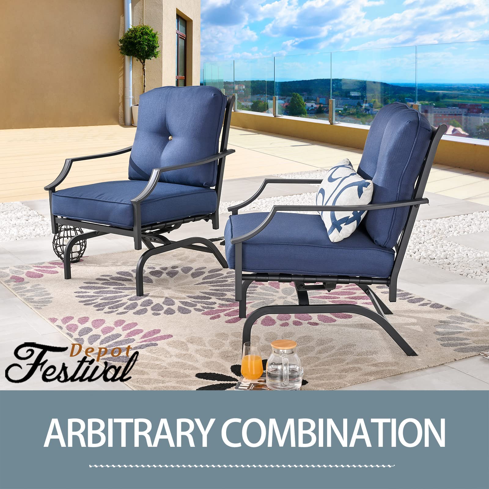 Festival Depot Patio Bistro Dining Chairs Set of 2 - Outdoor Steel Frame Armchairs with Armrest, Back & Seat Cushions (Blue) - Perfect for Garden, Poolside, Deck & Restaurant Outdoor Seating