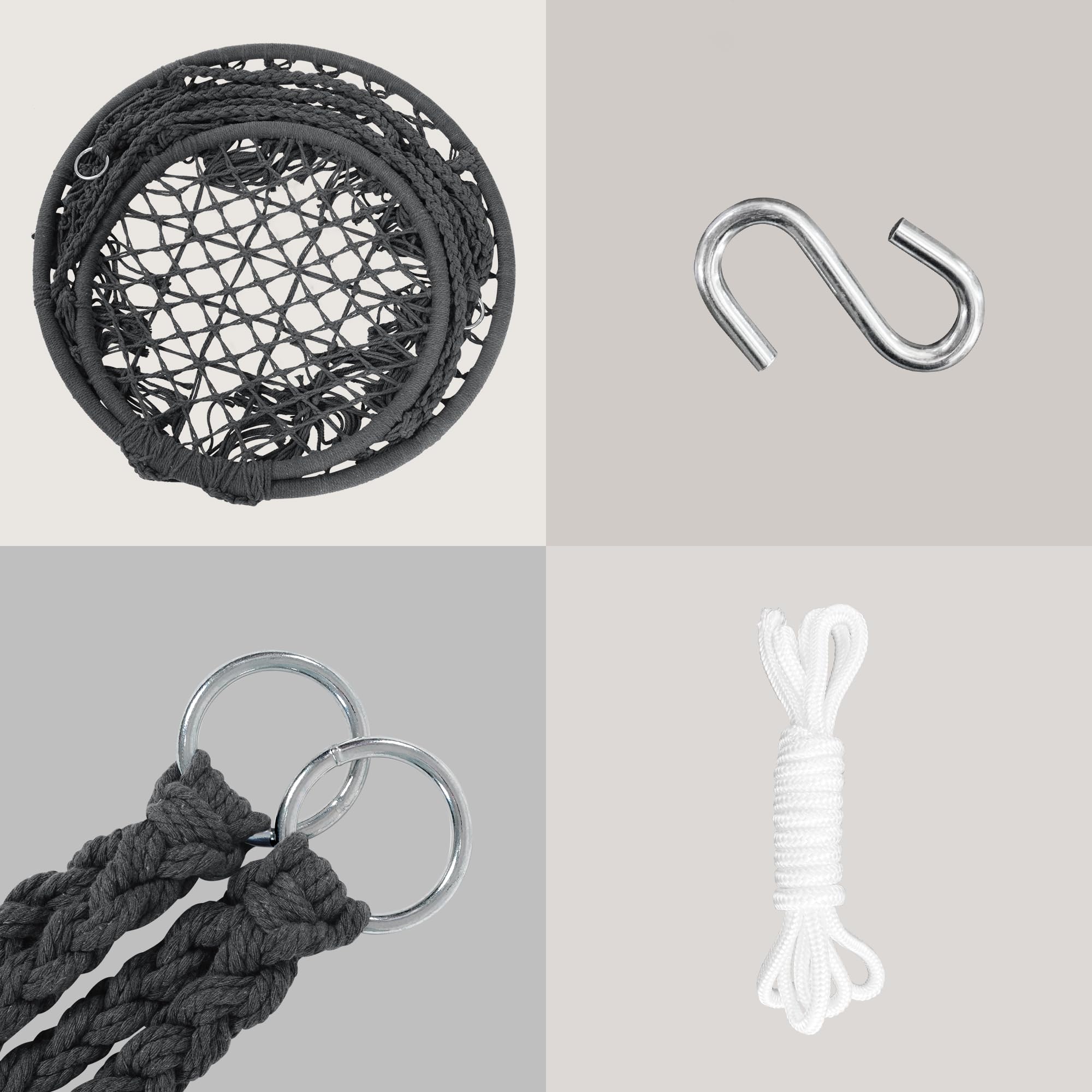 SUNCREAT Handmade Macrame Hanging Swing Chair with Hardware Kits - 330 LBS Capacity, Grey Knitted Rope Hammock for Indoor & Outdoor Use - Perfect for Bedroom, Patio, Garden, Deck, and Yard Relaxation