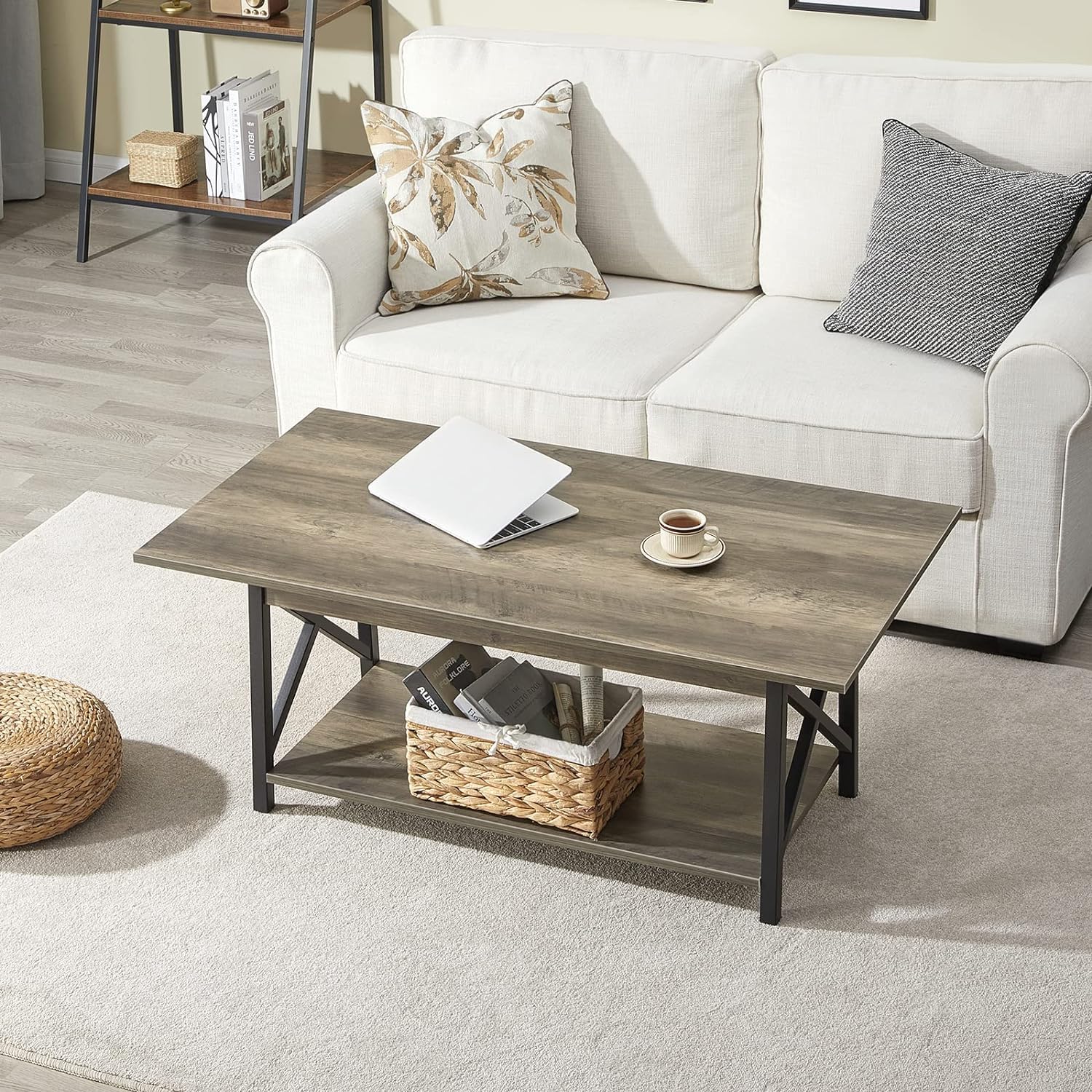 GreenForest 39-inch Modern X-Frame Coffee Table with Storage | 2-Tier Farmhouse Style Living Room Table | Space Saving Design in Grey Wash | Perfect for Small Apartments & Cozy Living Spaces | Easy Assembly