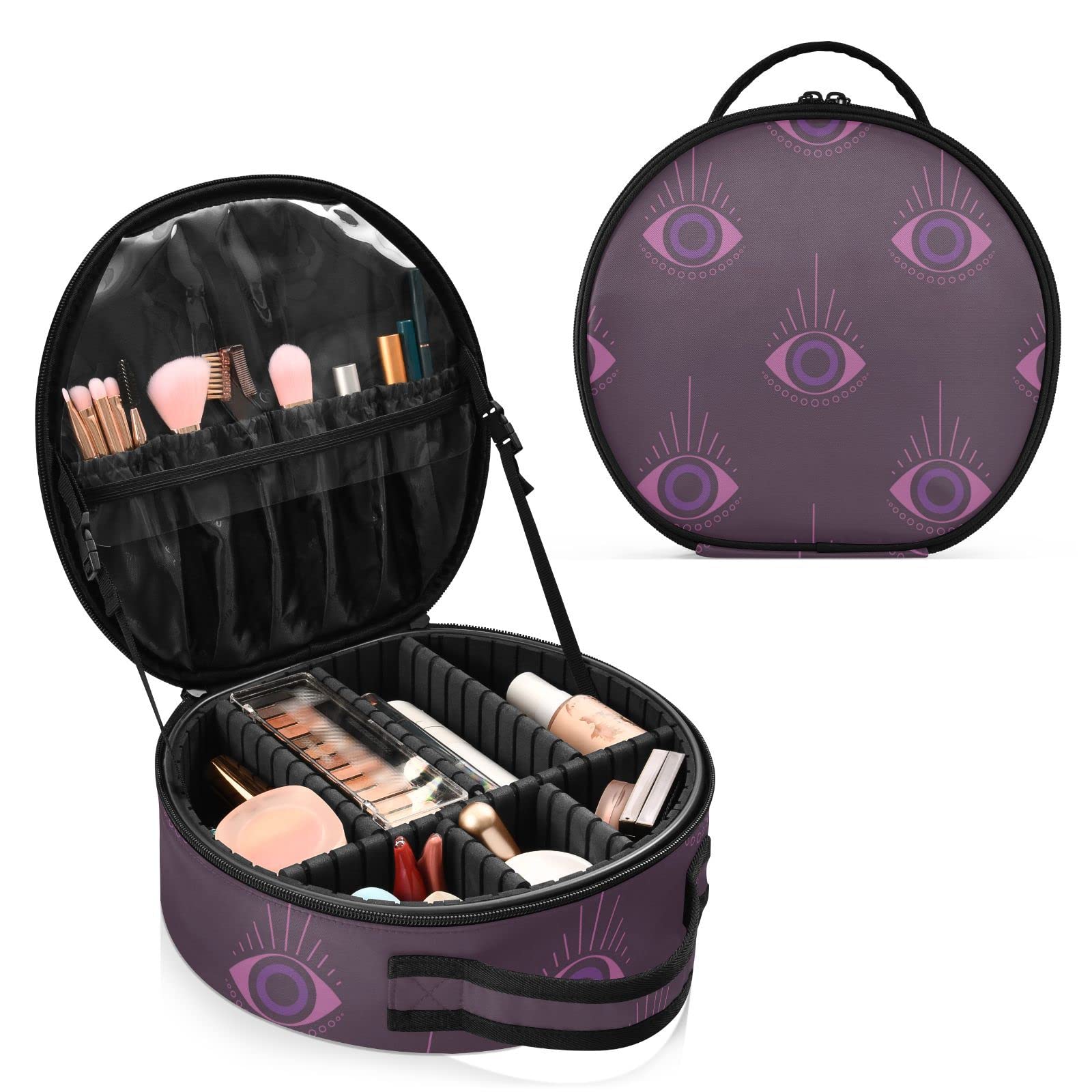 Linqin Portable Makeup Organizer for Women - Travel Makeup Bag with Adjustable Dividers & Evil Eye Design - Toiletry Organizer for Brushes, Jewelry, Cosmetics (One Size) - Perfect for Travel, Home Storage & Daily Organization