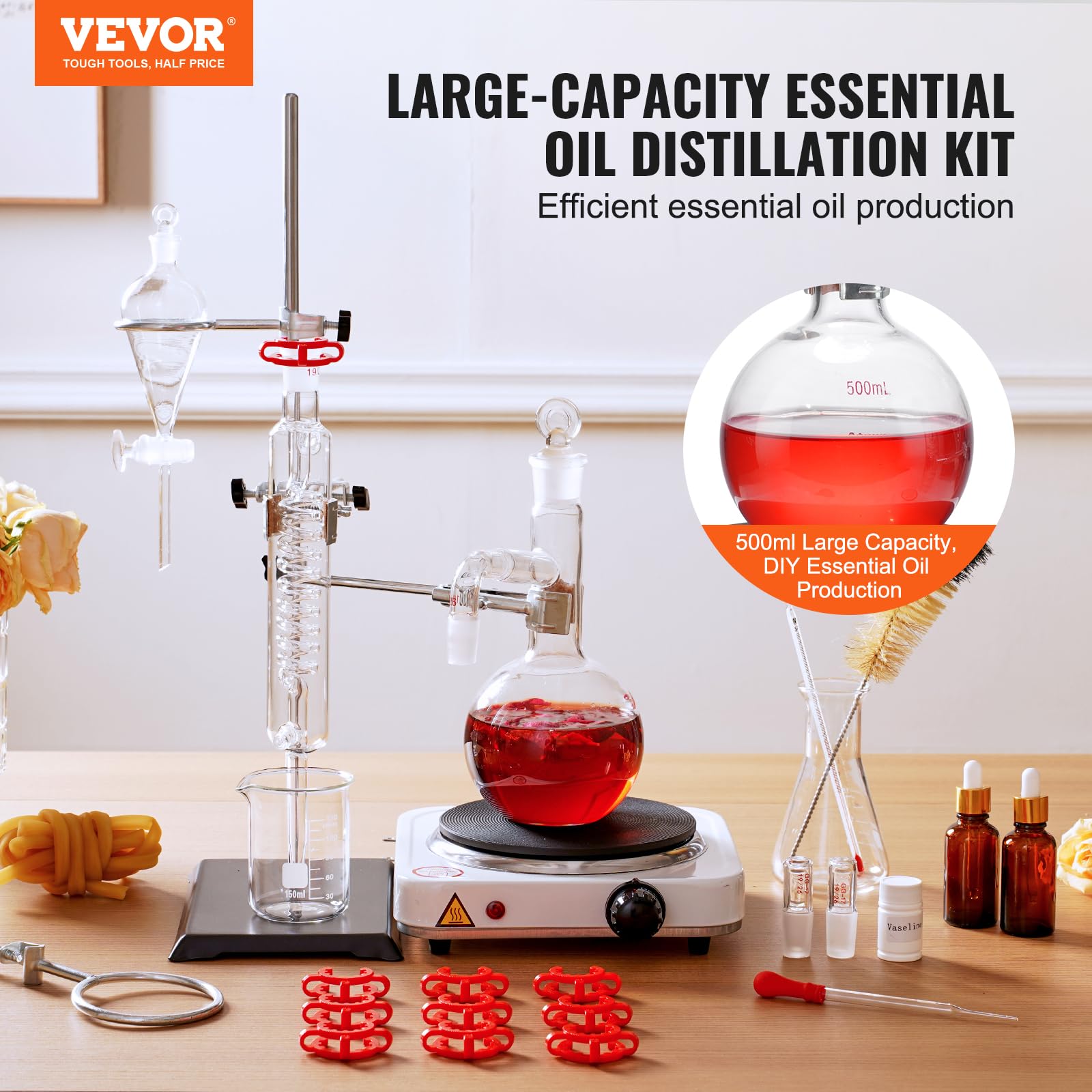 VEVOR 500ml Essential Oil Distillation Kit - 3.3 Boro Lab Glassware Set with 1000W Heating Plate & 24/40 Joint (33pcs) for Aromatherapy, Herbal Extracts & DIY Essential Oils at Home