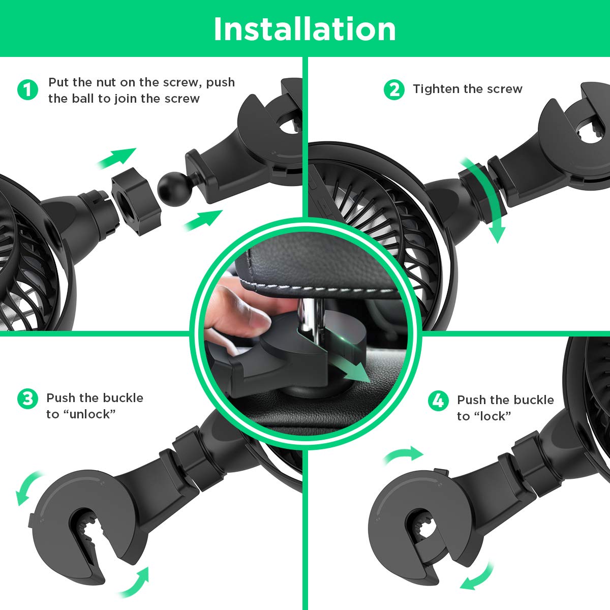 LEMOISTAR USB Car Fan - 4 Speed Adjustable, 360° Rotatable with Multi-Directional Hook | Portable Vehicle Air Circulator for Rear Seat Passengers & Pets | Perfect for Road Trips, Summer Commutes & Pet Travel