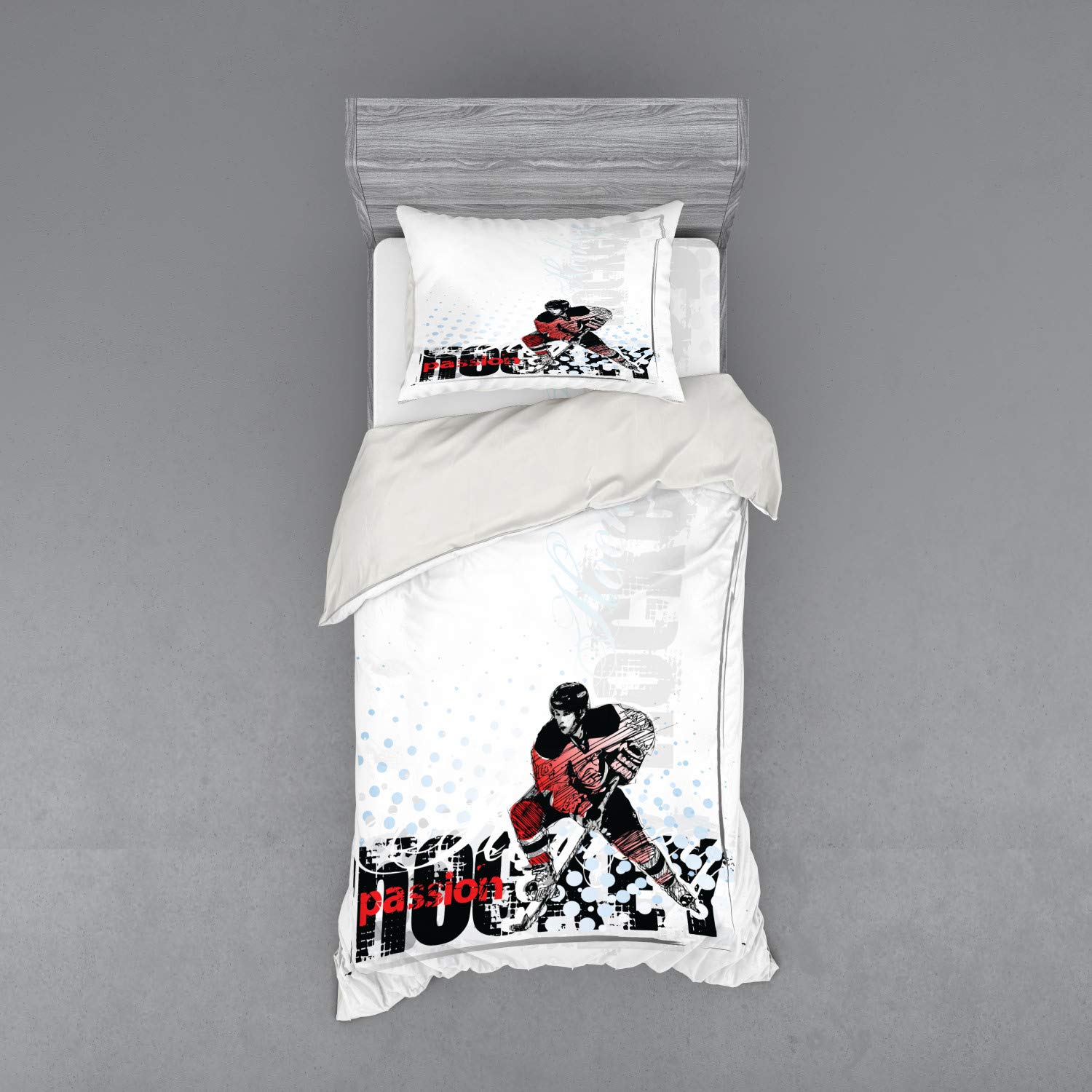 Ambesonne Hockey Duvet Cover Set - Professional Goalie Artwork Sports Theme 3-Piece Bedding Set with Pillow Sham & Fitted Sheet, Twin Size, Multicolor - Perfect for Hockey Fans' Bedroom Decor & Sports Themed Rooms