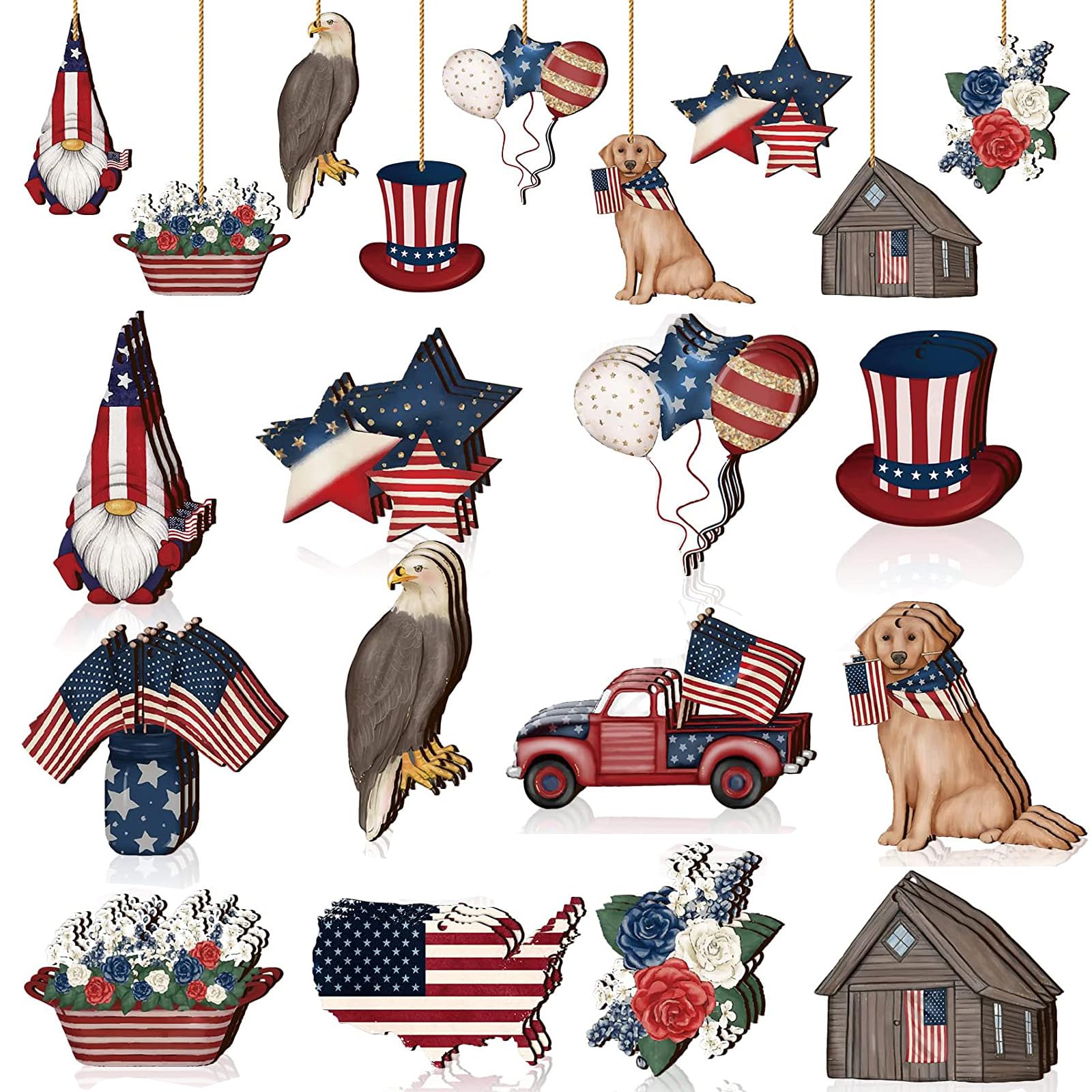 36Pcs Patriotic Wooden Hanging Ornaments - American Flag Star Gnome Decor for Veterans Day, 4th of July, Independence Day & Memorial Day - Tree & Home Decoration with Ropes - Perfect for Outdoor & Indoor Patriotic Celebrations