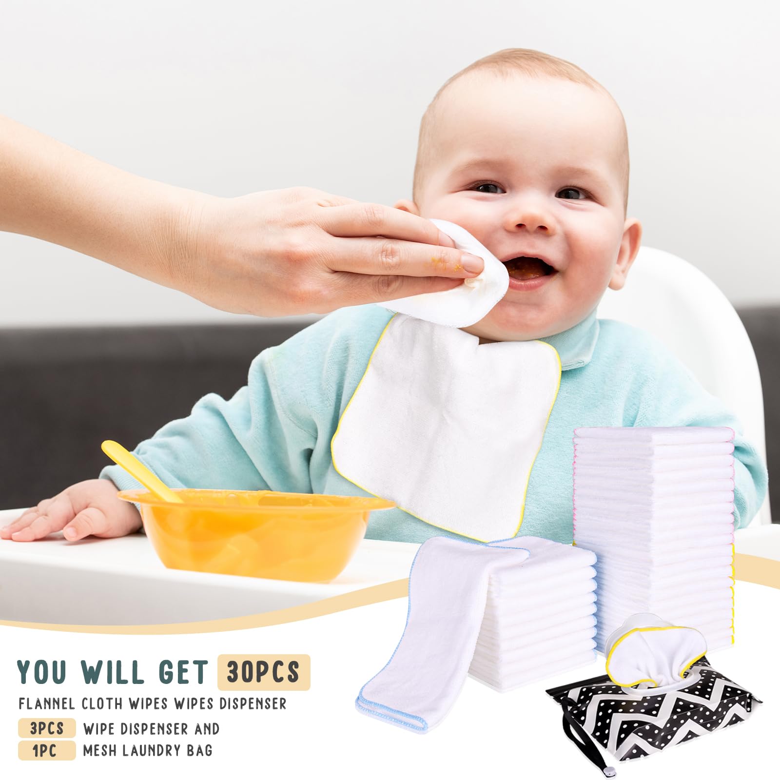 30 Pack Reusable Organic Cotton Baby Wipes with 3 Pack Dispenser - Soft Washable Cloth Diaper Wipes 8x8 Inches - Eco-Friendly Natural Wipes for Newborns, Toddlers & Sensitive Skin - Perfect for Diaper Changes, Face Cleaning & On-the-Go Use