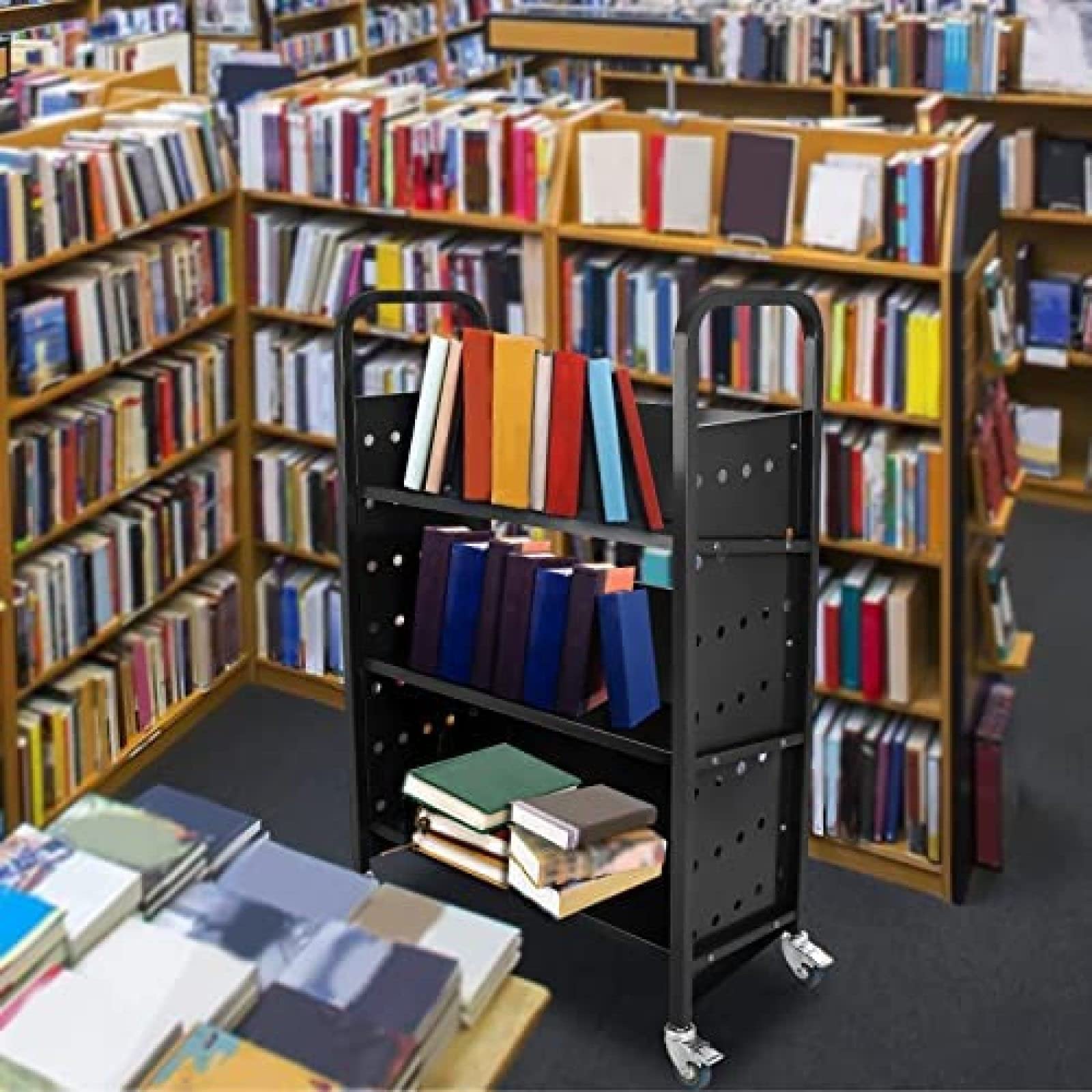 200 LBS Heavy Duty Library Book Cart - Single Sided L-Shaped & V-Shaped Rolling Book Truck with 4 Lockable Wheels for Home, Office, School - Perfect for Book Storage, Classroom Organization & Library Management