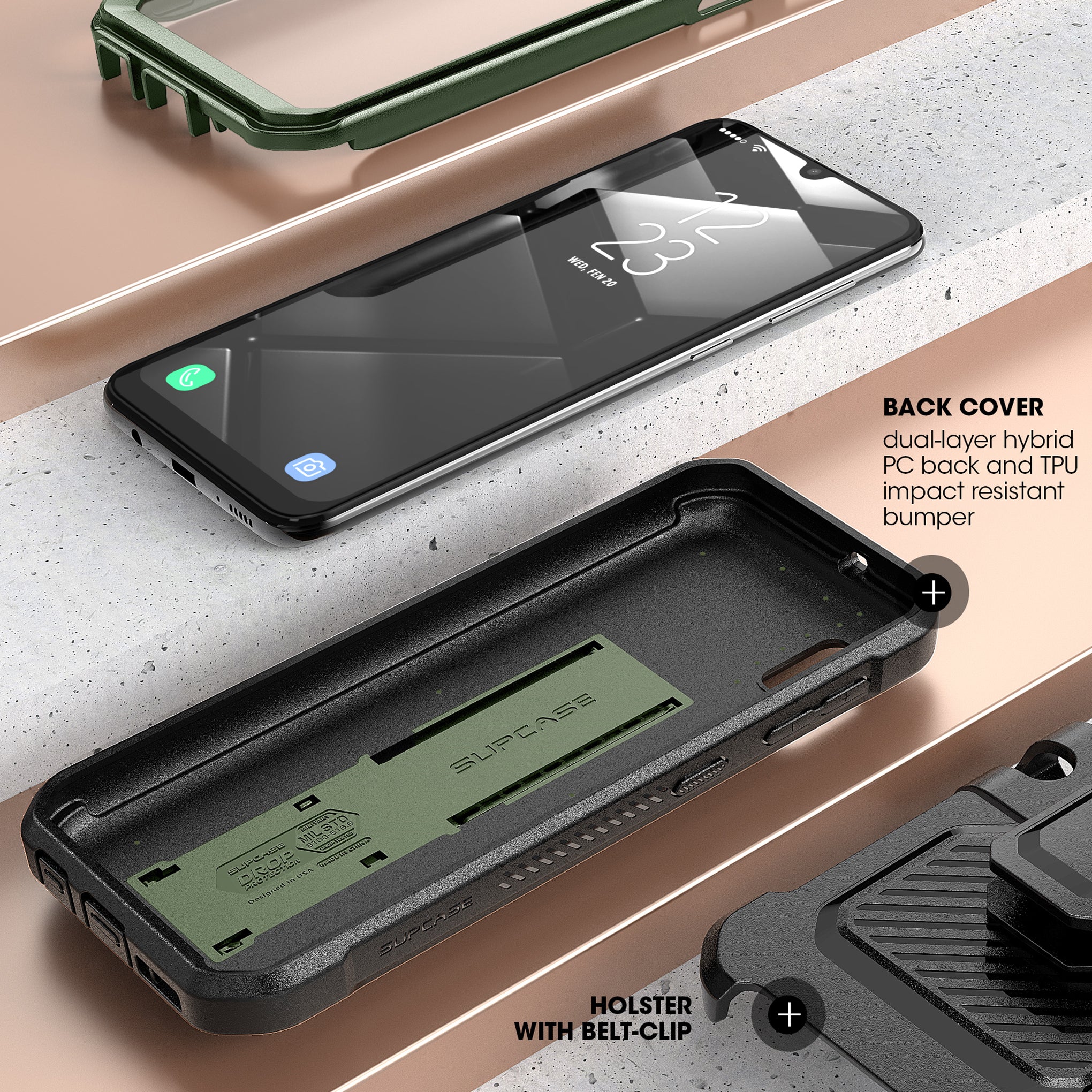 Samsung Galaxy A10e Unicorn Beetle Pro Rugged Holster Case - Heavy Duty Protective Cover with Kickstand & Belt Clip - Dark Green - Perfect for Construction, Outdoor Work & Extreme Sports