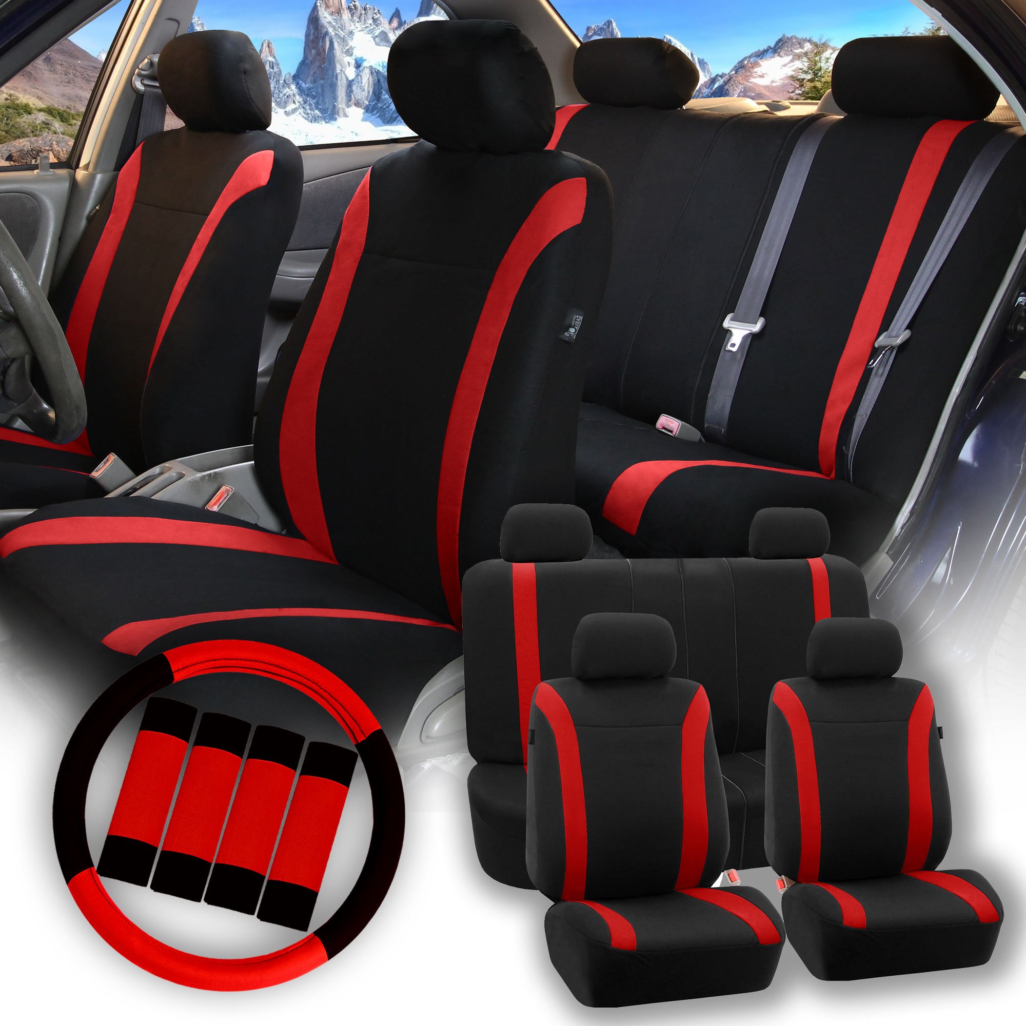 Premium FH Group Cosmopolitan Flat Cloth Car Seat Covers Full Set - Universal Fit for Cars, Vans & Trucks (Red Combo) | Includes Steering Wheel Cover & Seat Belt Pads | Airbag Compatible & Split Rear Design | Perfect for Daily Commute, Road Trips & Family Travel