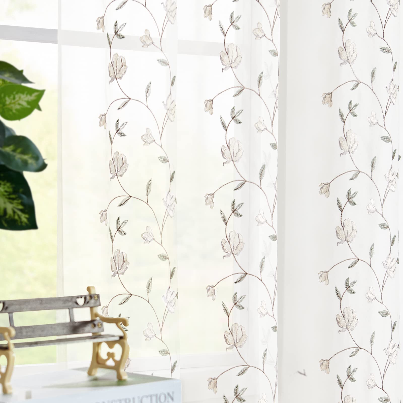 Jinchan Floral Embroidered Sheer Curtains - Semi-Transparent Drapes for Living Room & Bedroom, Grey Embroidery Window Panels with Rod Pocket, 96 Inch Length (Set of 2) - Perfect for Soft Lighting & Privacy in Home Decor