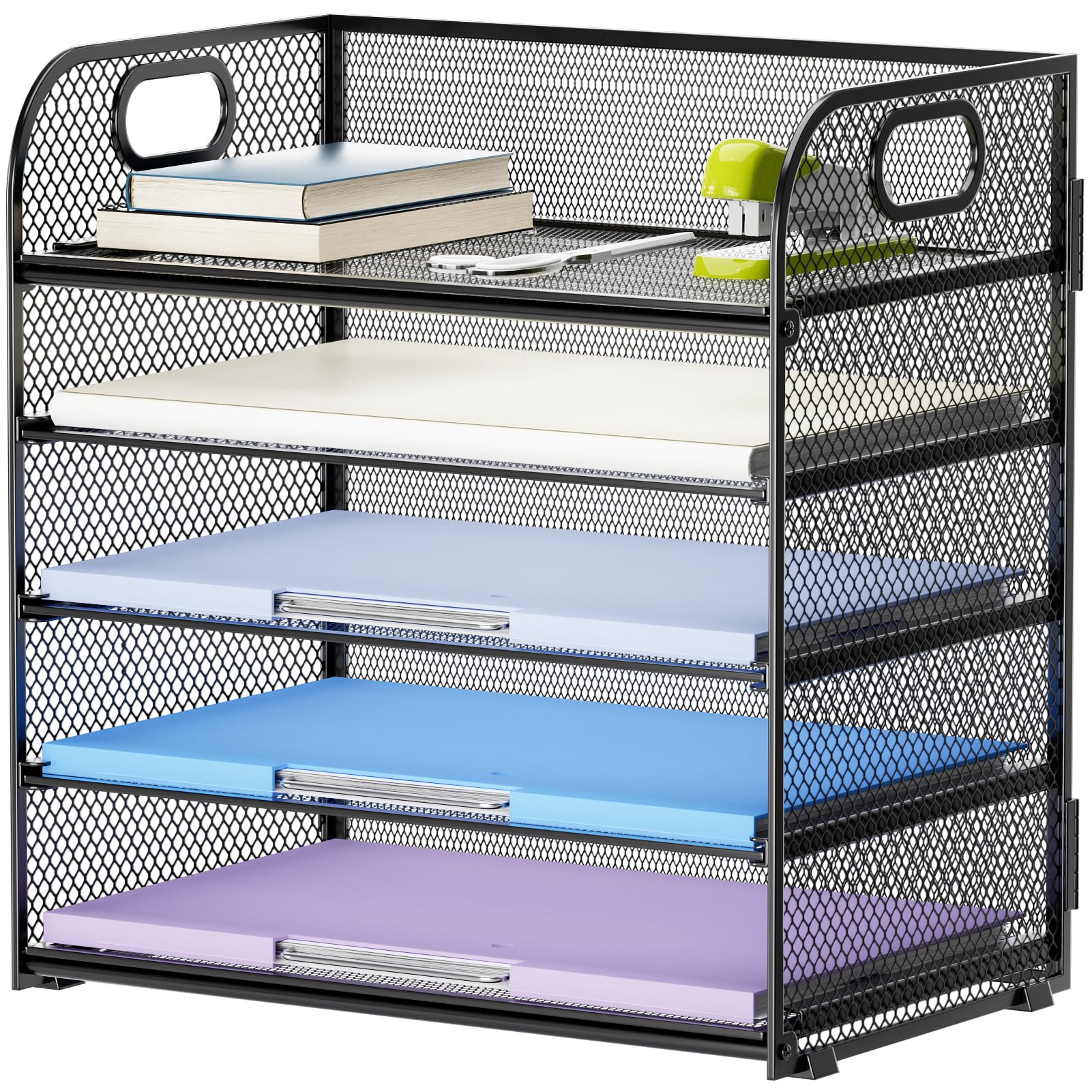 Marbrasse 5-Tier Mesh Desk File Organizer with Handle - Black Paper Letter Tray & Document Sorter for Home Office Supplies | Perfect for Bills, Mail, and Office Paperwork Organization