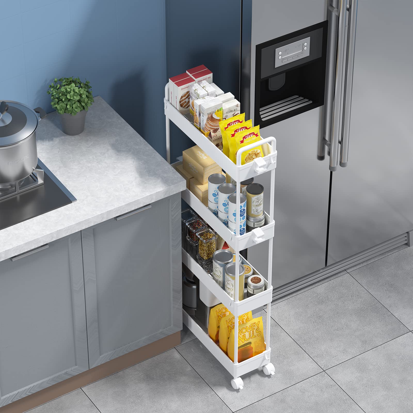 SOLEJAZZ 4-Tier Slim Rolling Storage Cart with Wheels - Narrow Bathroom, Laundry, Kitchen & Office Organizer - Perfect for Small Spaces, Bedside, Next to Fridge - White | Space-Saving Utility Cart for Home & Office Organization