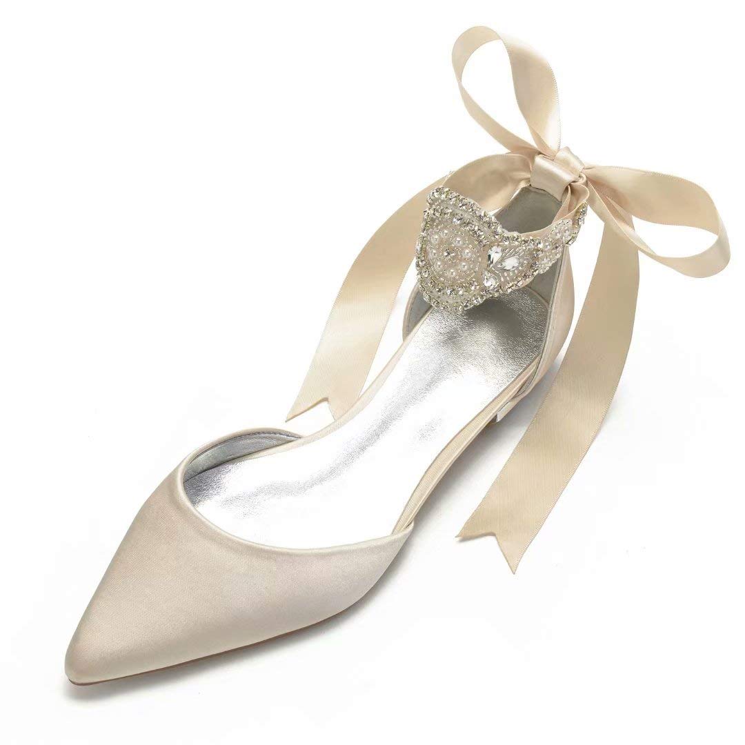 Elegant Satin Crystal Wedding Flats for Bride - Pointed Toe Ribbon Tie Party Dress Shoes - Women's Comfortable Bridal Shoes for Wedding, Reception & Special Occasions