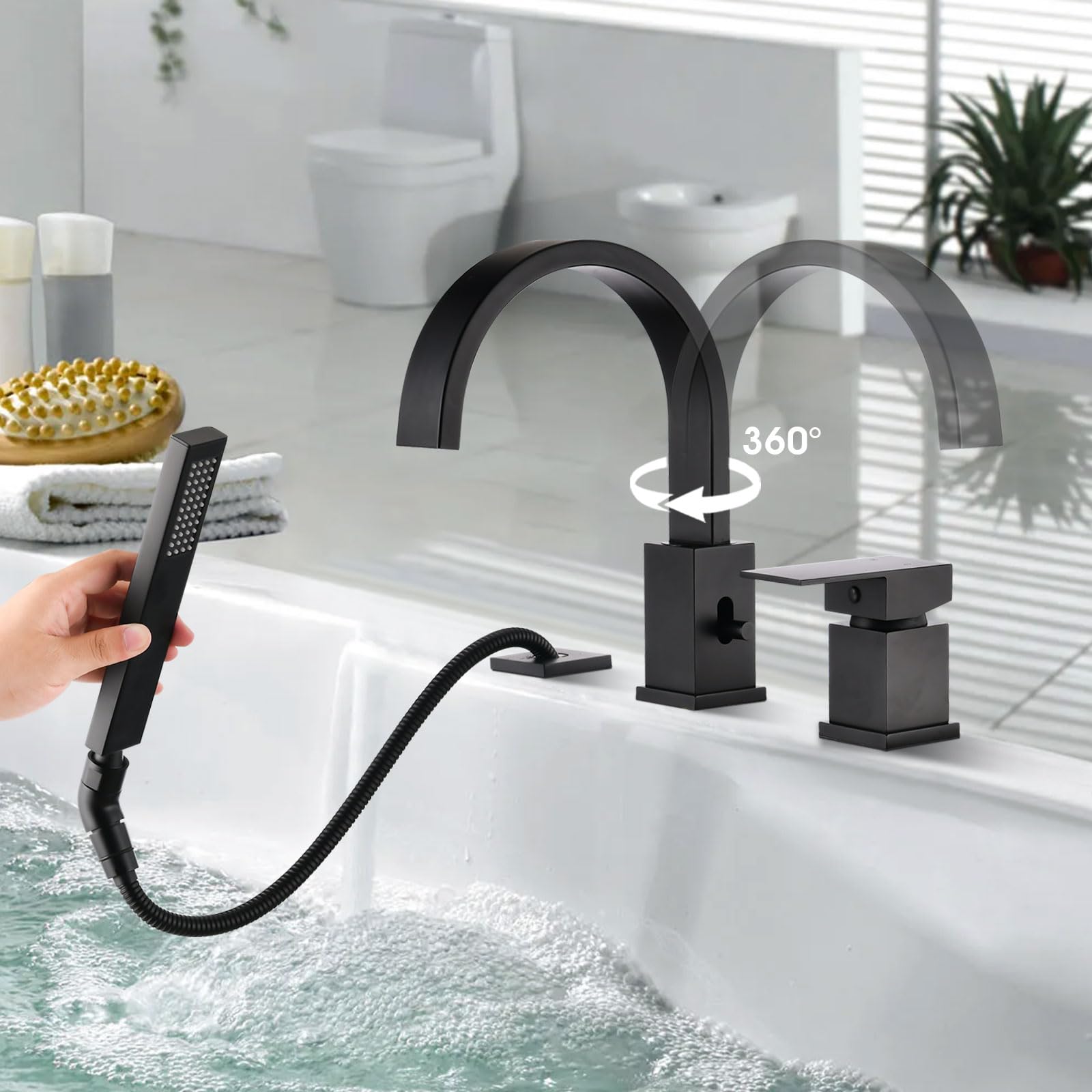 Brass Roman Tub Faucet with Sprayer - Deck Mount Bathtub Faucet with Hand Shower - 3 Hole Waterfall Tub Faucet with 360° Swivel Spout - Single Handle High Flow Tub Filler (8 GPM) in Matte Black - Perfect for Luxury Bathrooms, Spa Retreats & Modern Home Decor