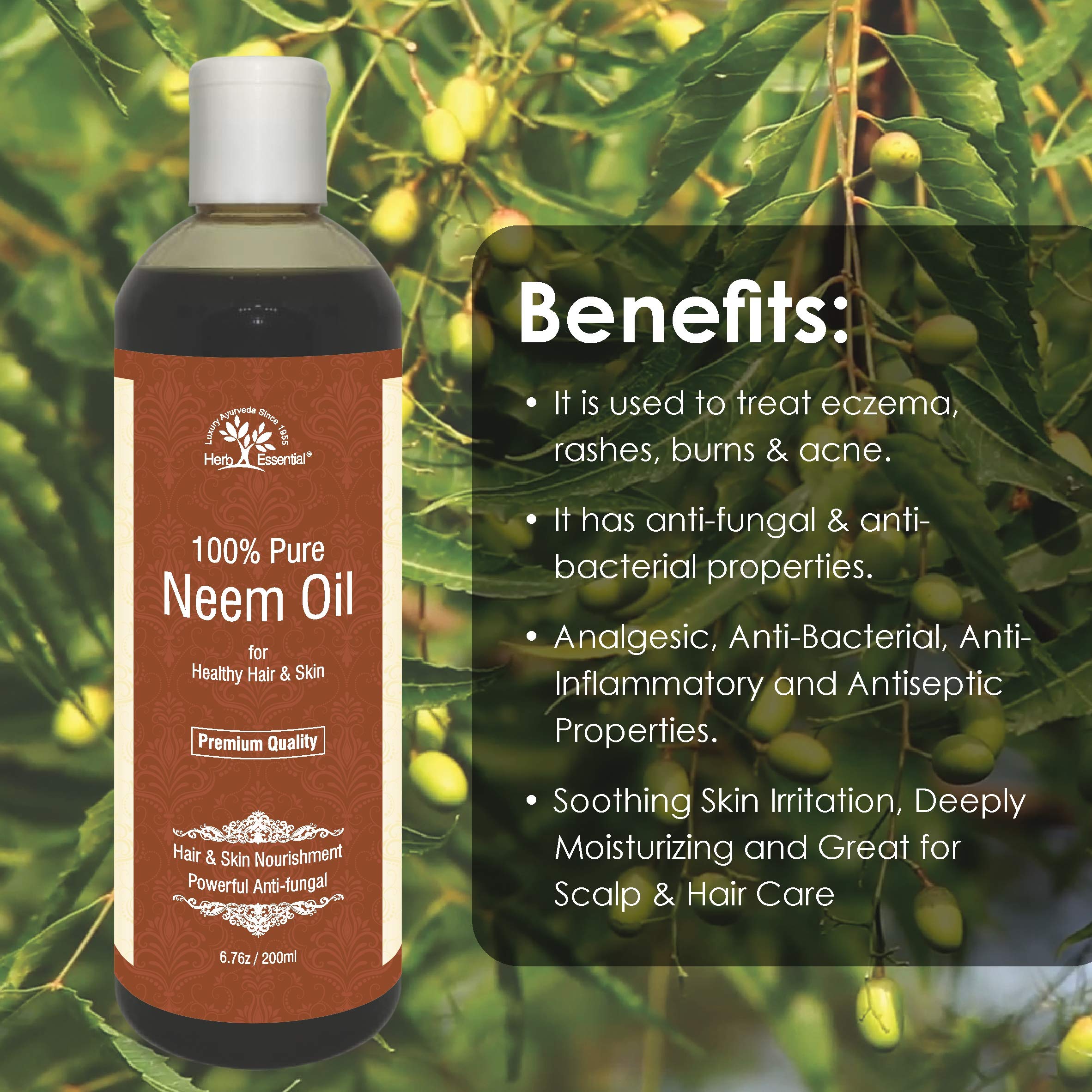 Organic Neem Oil for Hair Growth & Skin Care - 100% Pure Cold Pressed (200ml) - Natural Remedy for Dandruff, Acne & Scalp Health - Perfect for DIY Beauty & Aromatherapy