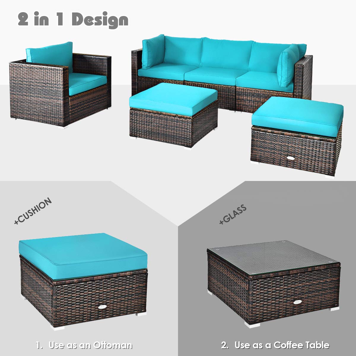 HappyGrill 6-Piece Patio Conversation Set - Outdoor Rattan Wicker Sectional Sofa with Cushions, Coffee Table & Ottoman - Perfect for Backyard, Garden, Poolside & Deck Relaxation