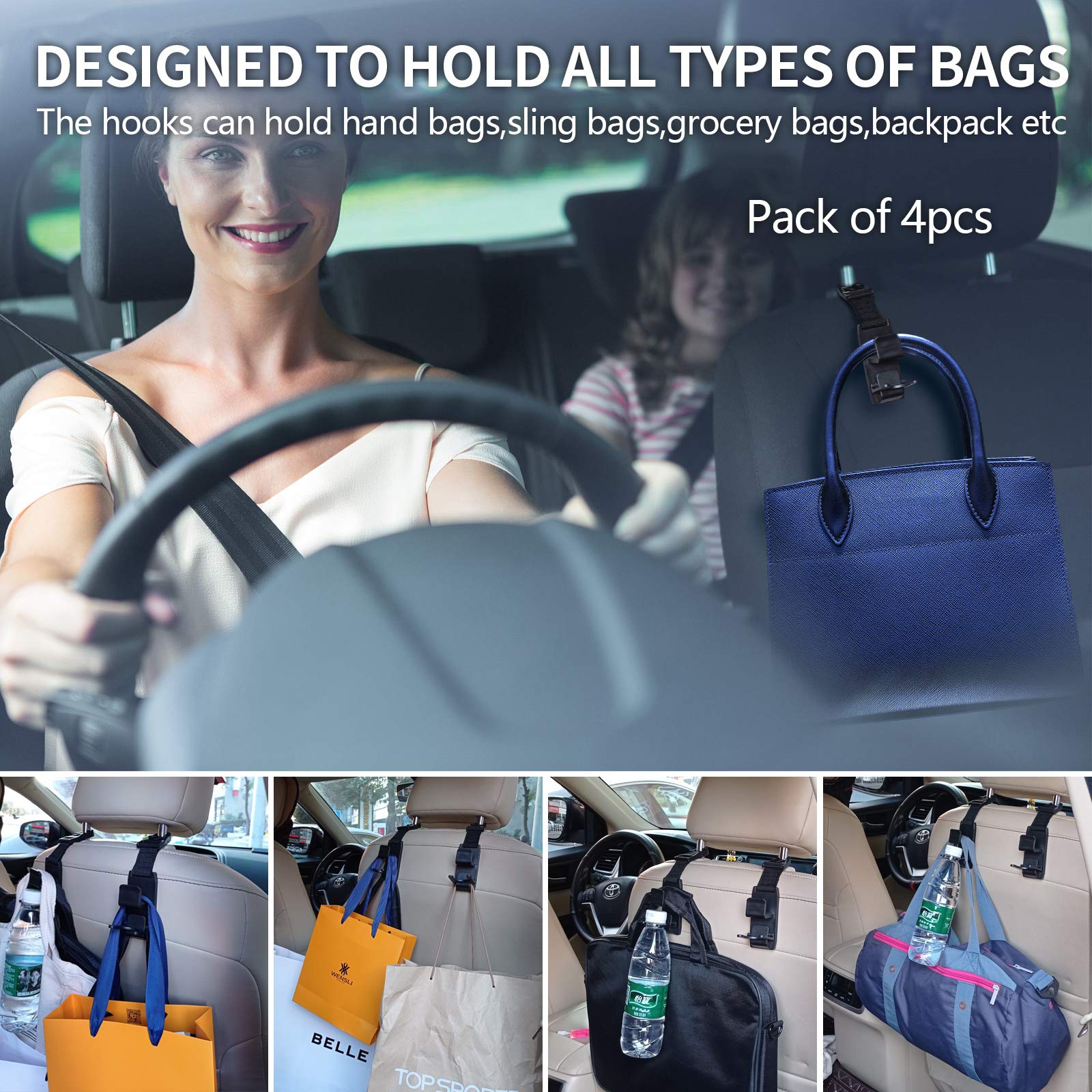 KOOPAO 4 Pack Universal Car Seat Headrest Hooks - Heavy Duty Backseat Hangers for Handbags, Purses, Coats & Grocery Bags | Durable Vehicle Storage Solution for Organizing Essentials While Driving or Traveling